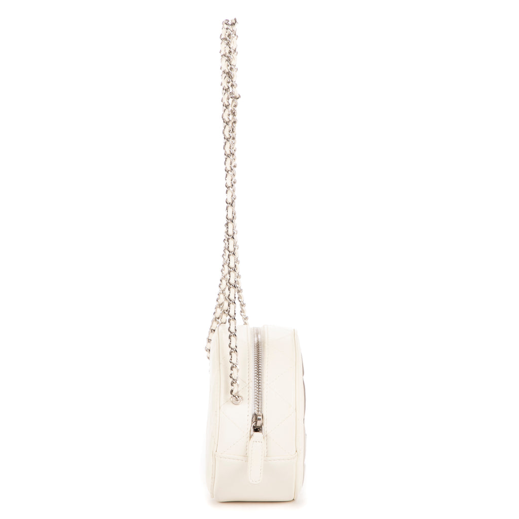 Bolso de Hombro Espejo Redondo Cadena Bandolera Mini Blanco Metal Acolchado Plateado con Logo/ Piel de Cordero Acolchada