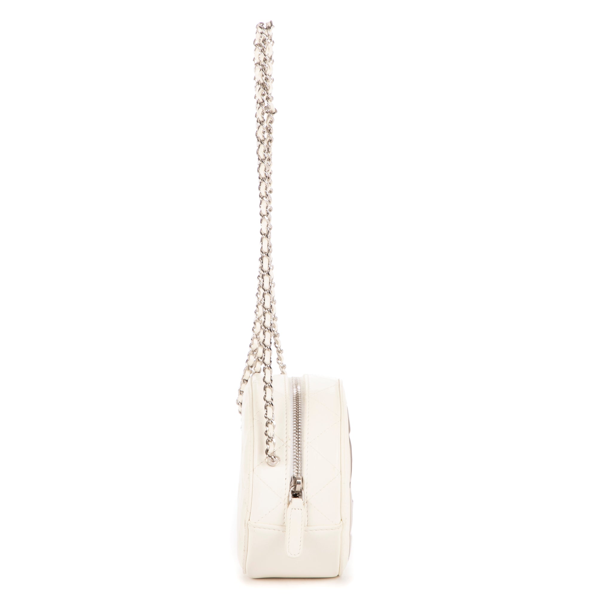Bolso de Hombro Espejo Redondo Cadena Bandolera Mini Blanco Metal Acolchado Plateado con Logo/ Piel de Cordero Acolchada