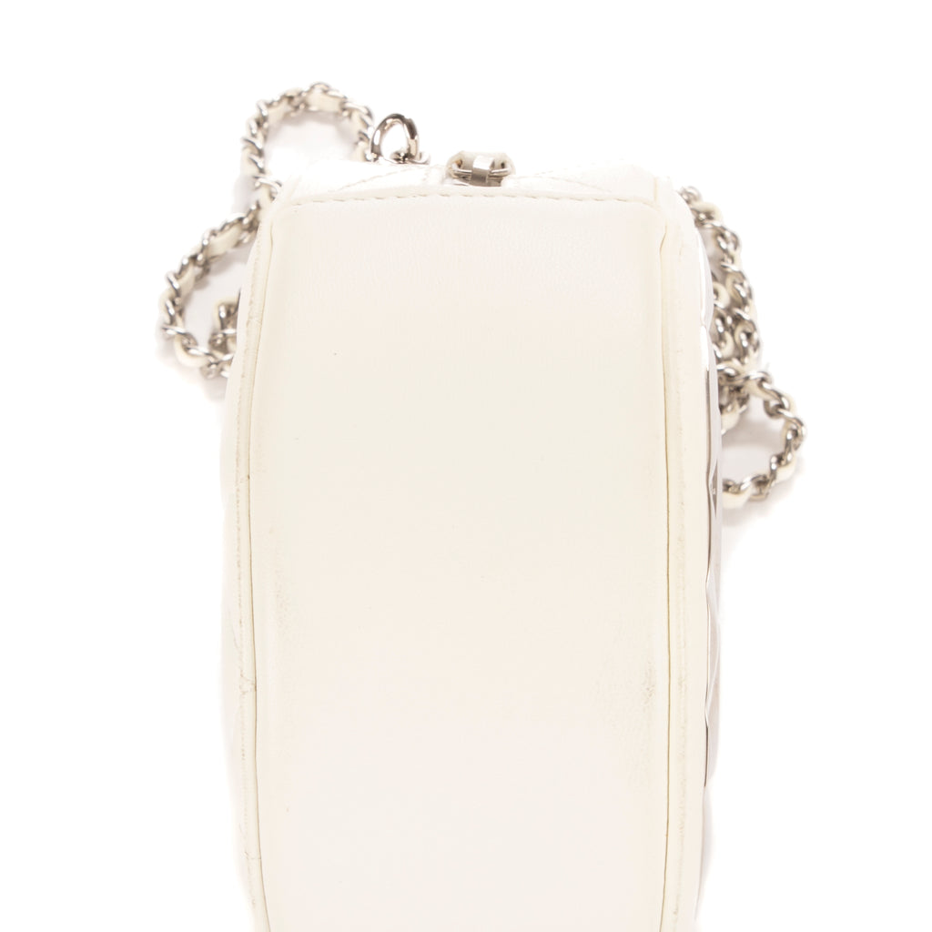 Bolso de Hombro Espejo Redondo Cadena Bandolera Mini Blanco Metal Acolchado Plateado con Logo/ Piel de Cordero Acolchada