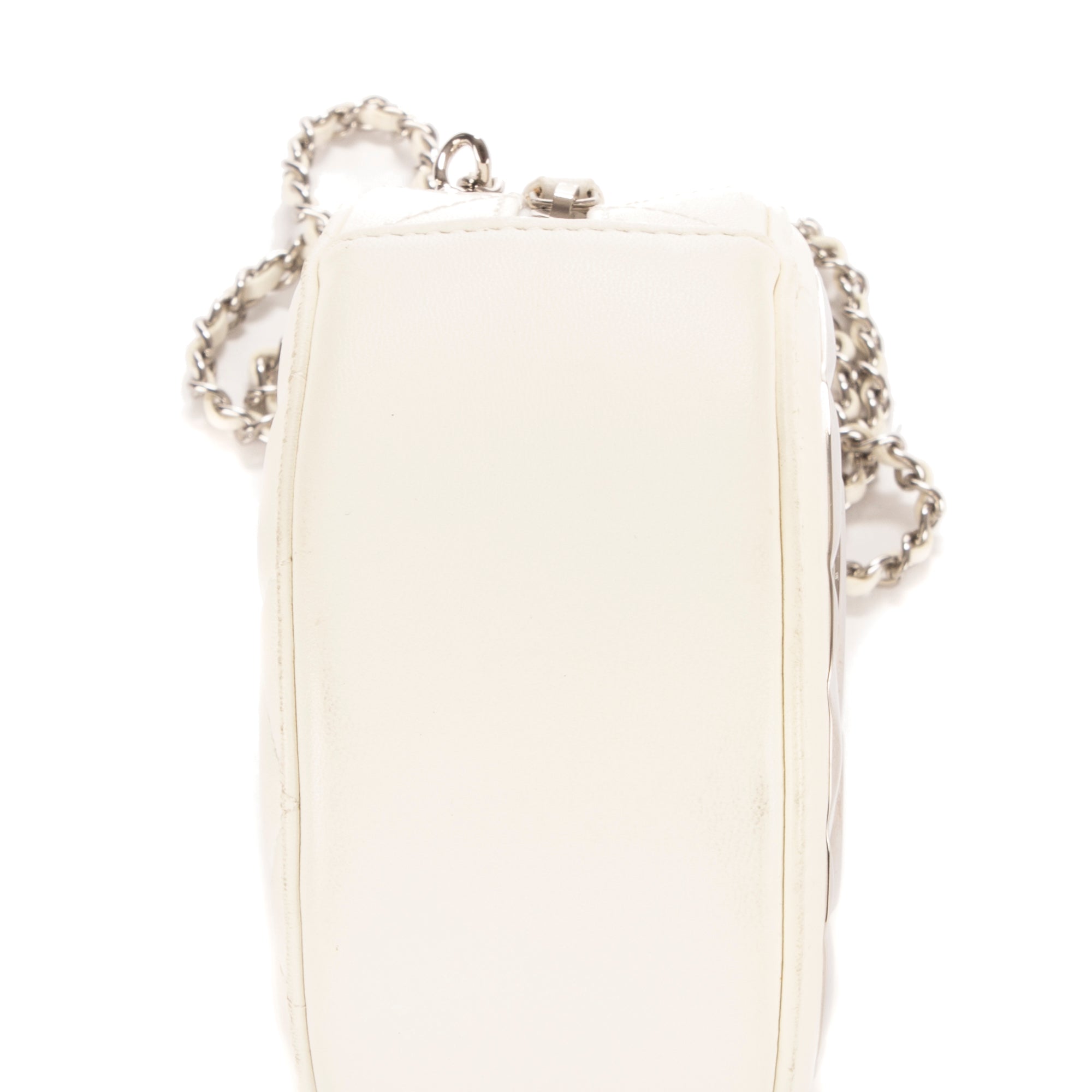 Bolso de Hombro Espejo Redondo Cadena Bandolera Mini Blanco Metal Acolchado Plateado con Logo/ Piel de Cordero Acolchada