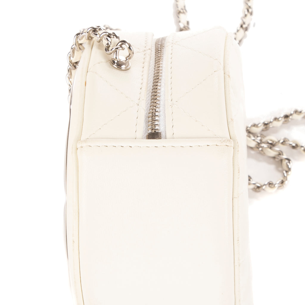 Bolso de Hombro Espejo Redondo Cadena Bandolera Mini Blanco Metal Acolchado Plateado con Logo/ Piel de Cordero Acolchada