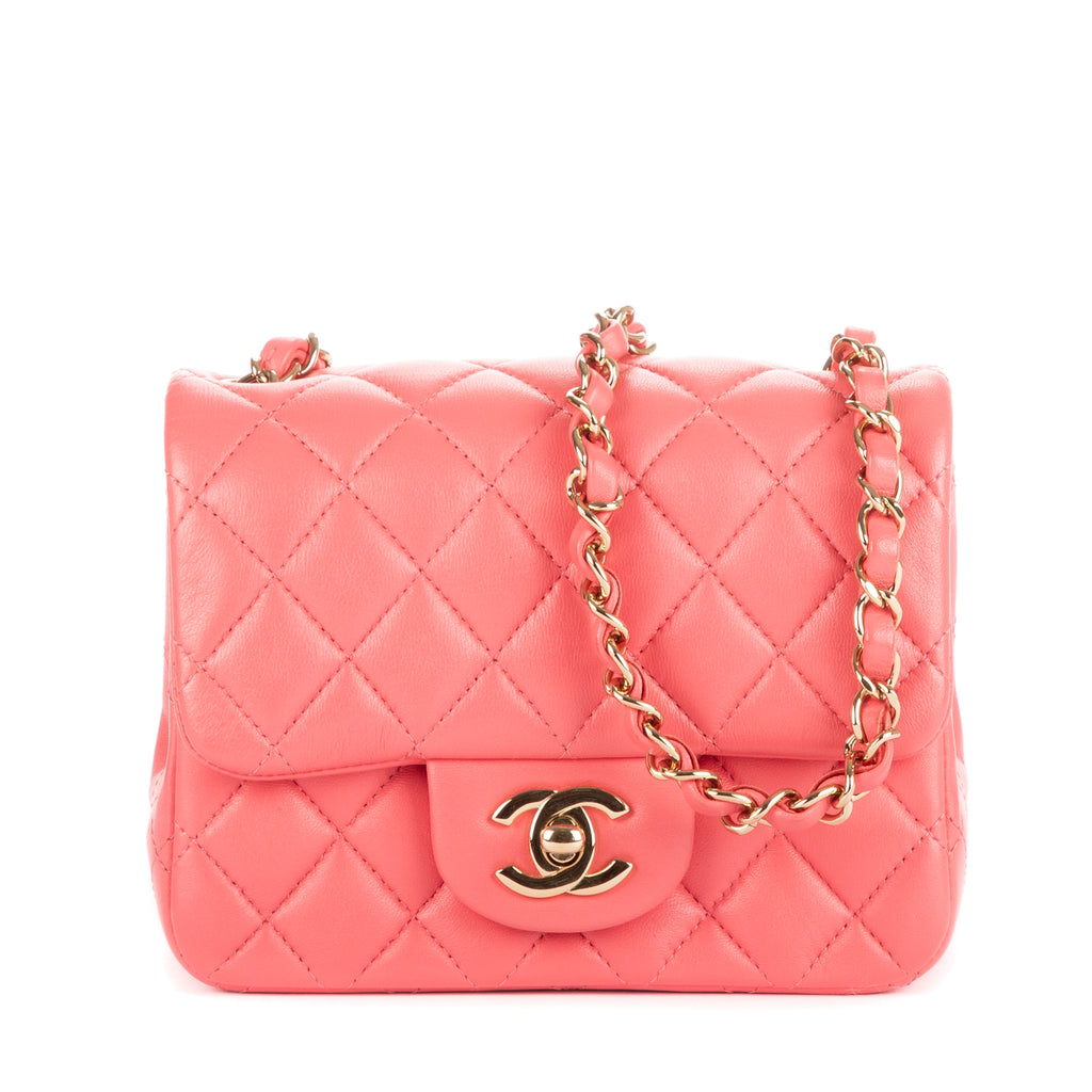 Shoulder Bag Mini Square Classic Single Flap Pink Lambskin Quilted Leather