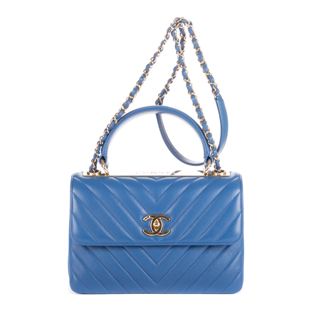 Shoulder Bag Trendy Top Handle Blue Chevron Quilted Leather