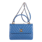 Shoulder Bag Trendy Top Handle Blue Chevron Quilted Leather