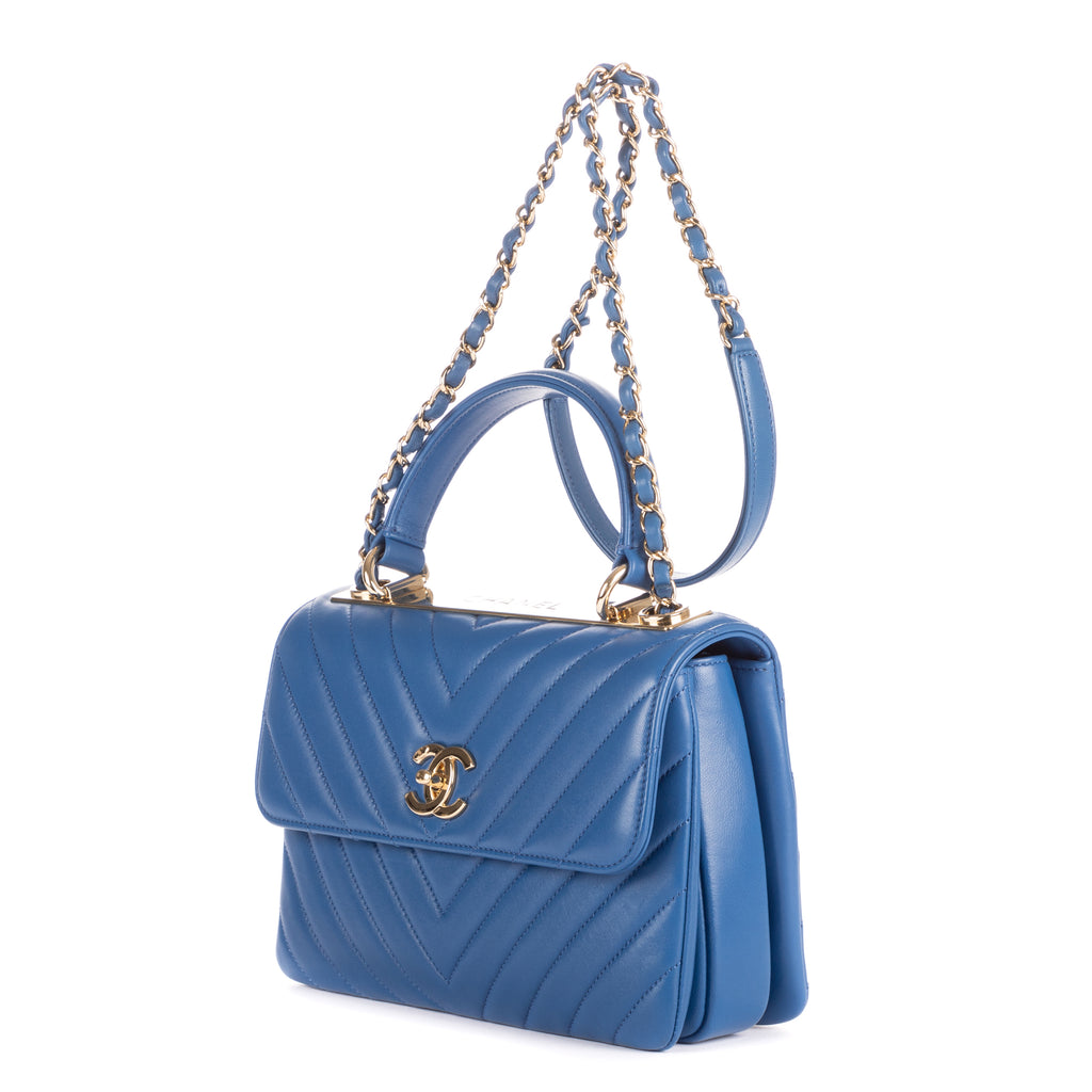 Shoulder Bag Trendy Top Handle Blue Chevron Quilted Leather