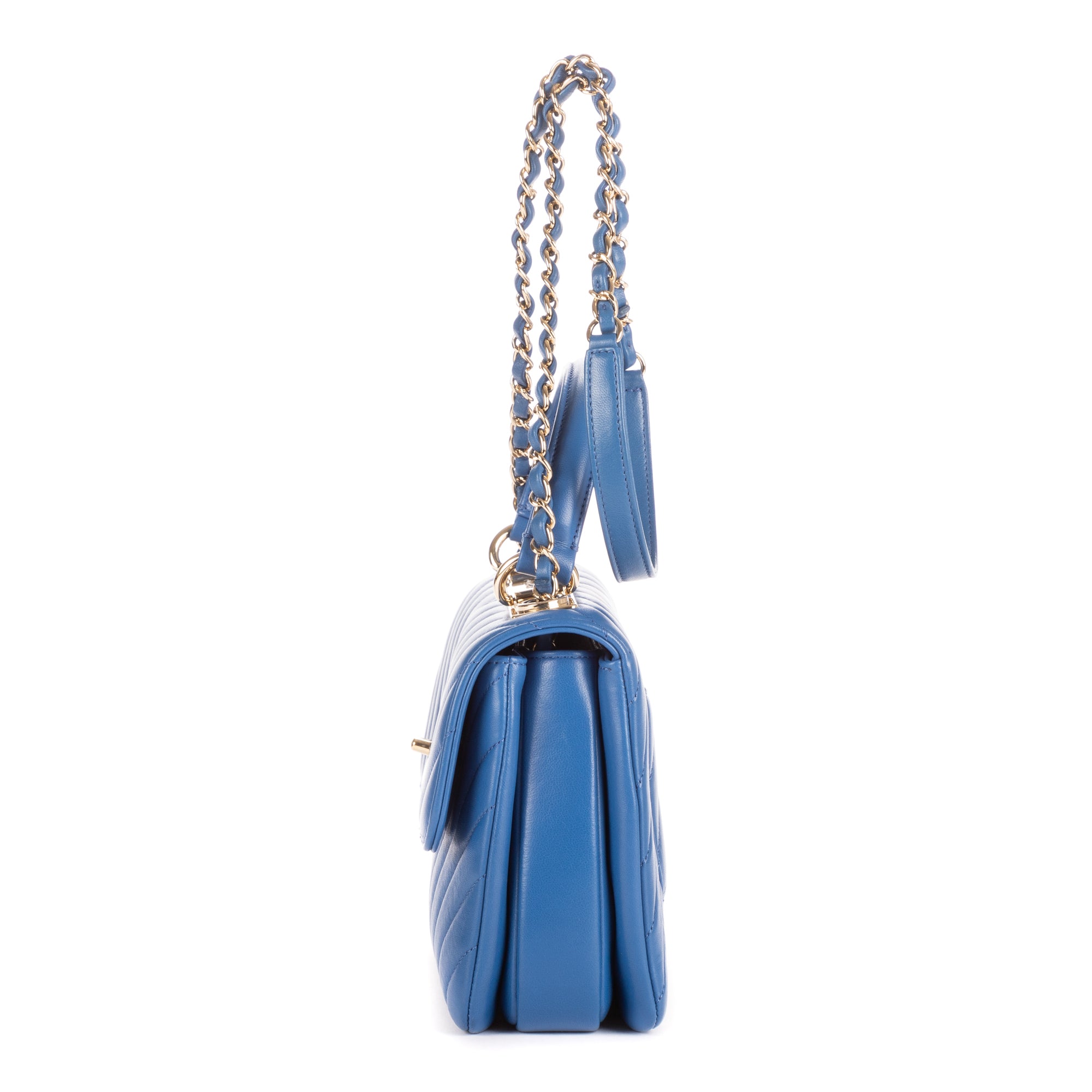 Shoulder Bag Trendy Top Handle Blue Chevron Quilted Leather