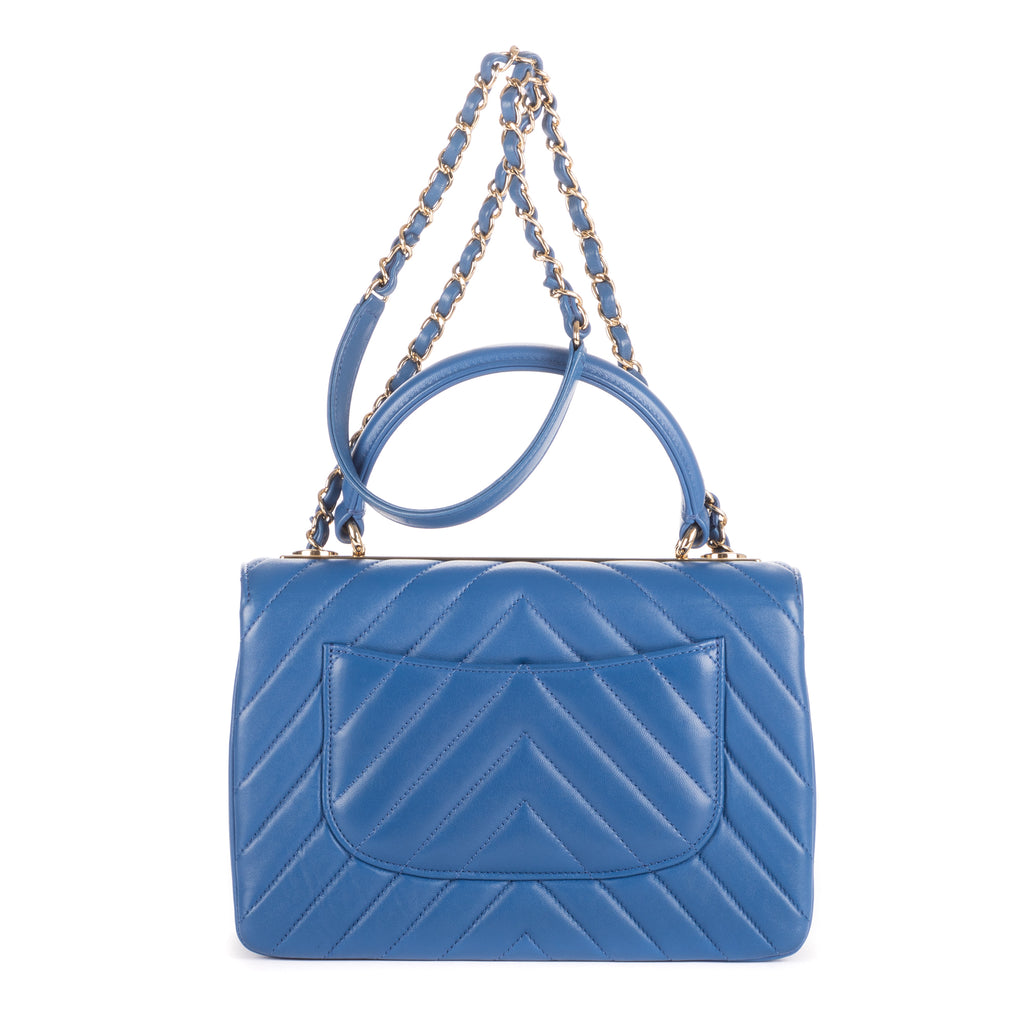Shoulder Bag Trendy Top Handle Blue Chevron Quilted Leather