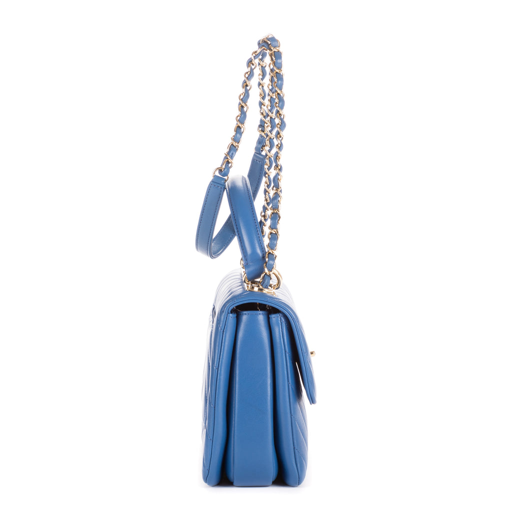 Shoulder Bag Trendy Top Handle Blue Chevron Quilted Leather