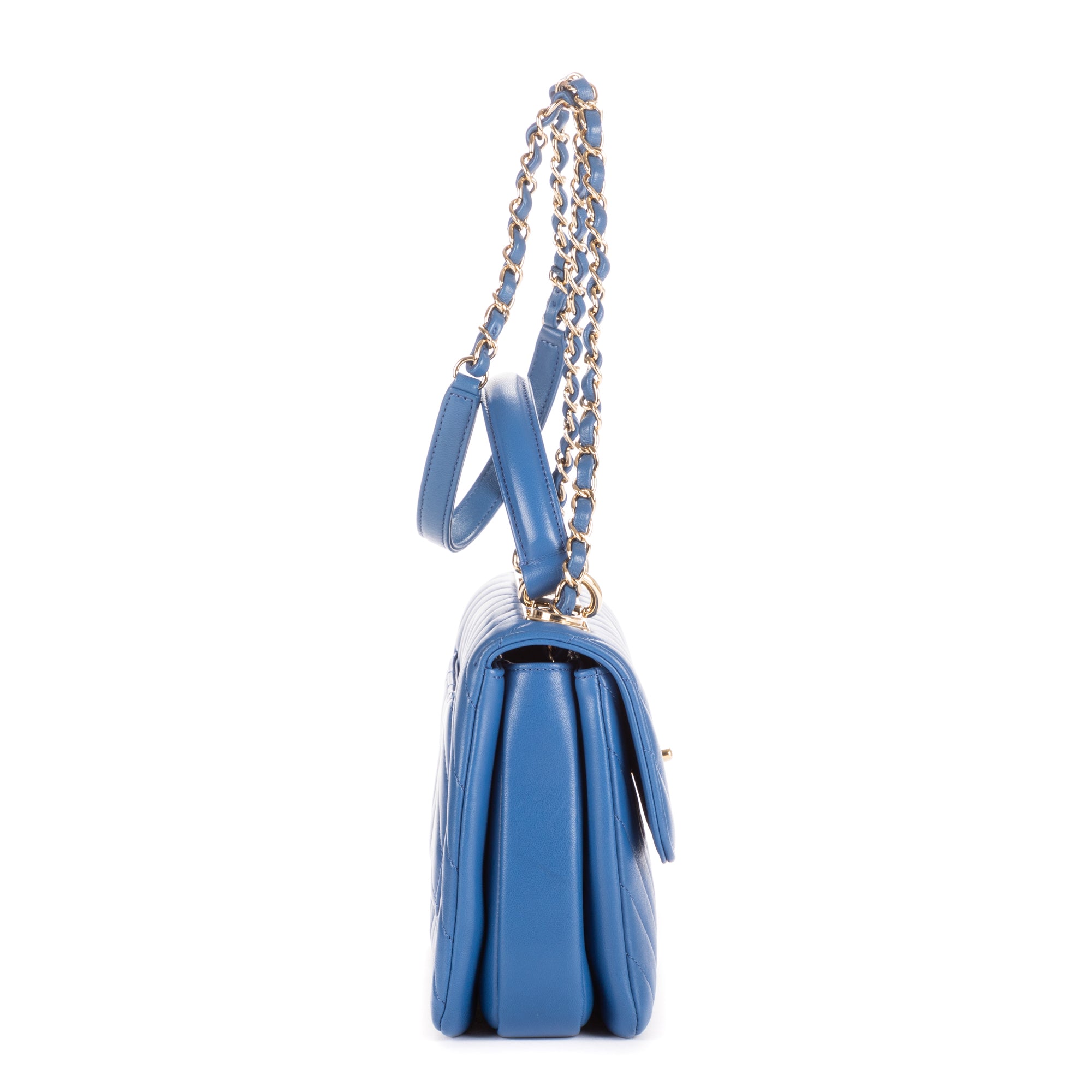 Shoulder Bag Trendy Top Handle Blue Chevron Quilted Leather