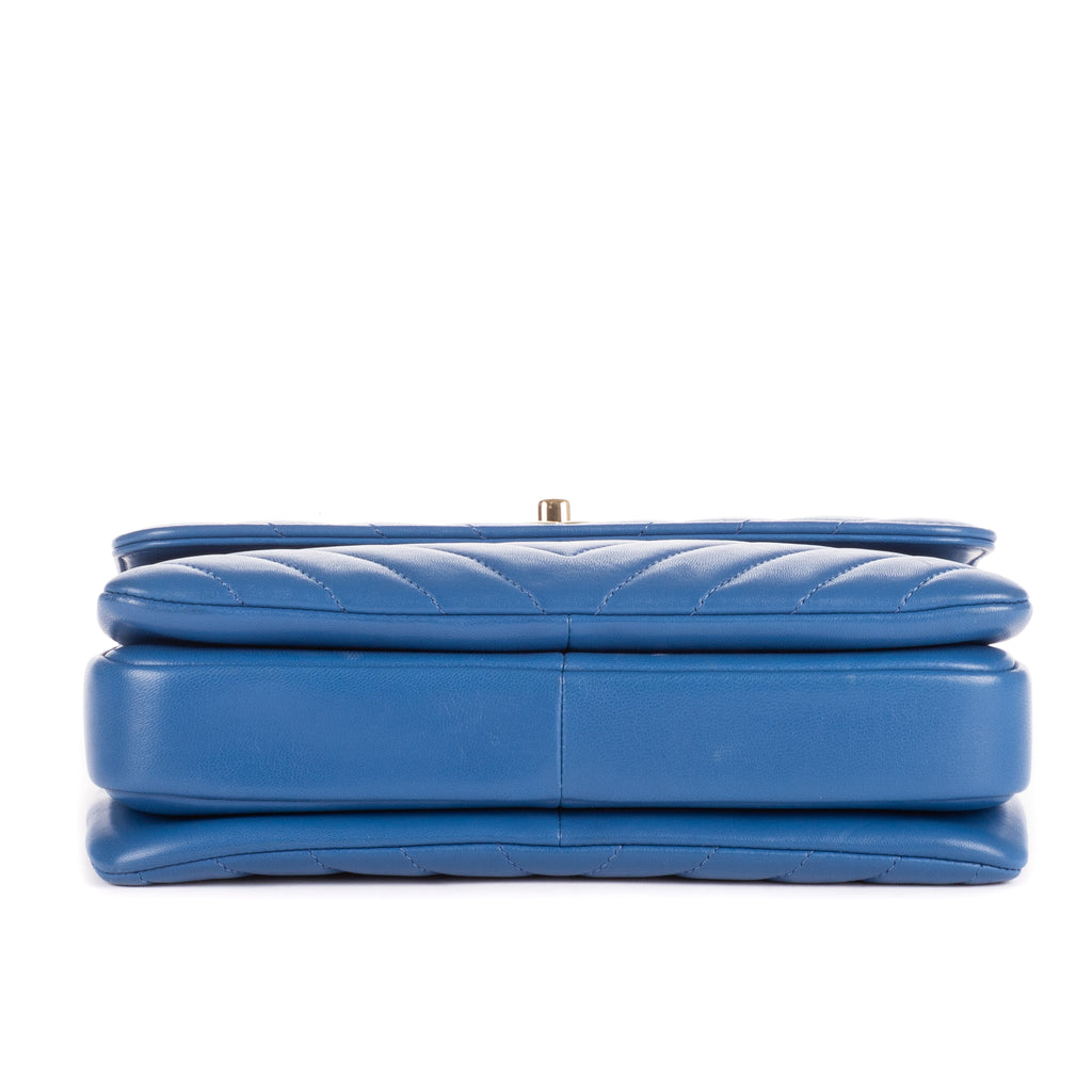 Shoulder Bag Trendy Top Handle Blue Chevron Quilted Leather