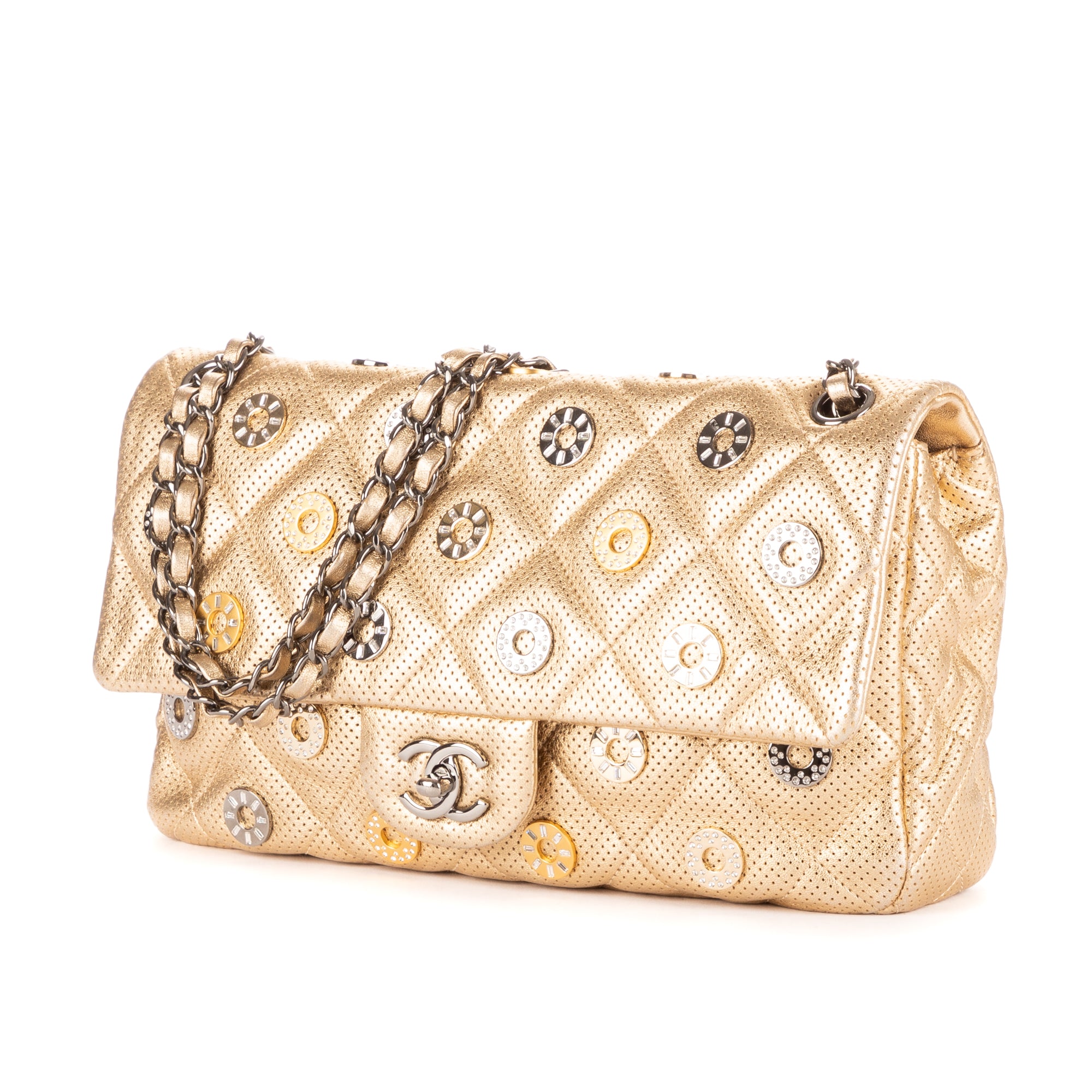 Shoulder Bag Ltd. Ed Paris-Dubai Medals Single flap Gold Quilted Embellished Perforated Leather