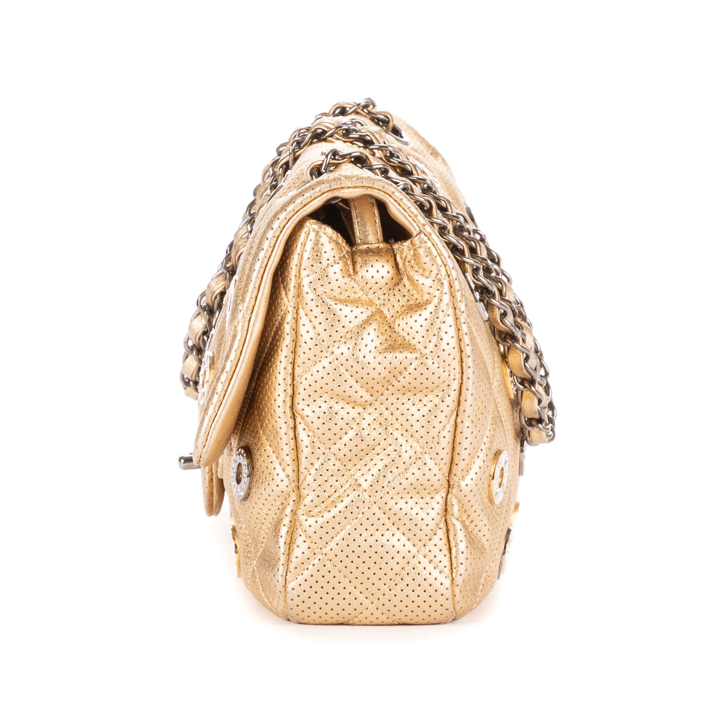 Shoulder Bag Ltd. Ed Paris-Dubai Medals Single flap Gold Quilted Embellished Perforated Leather