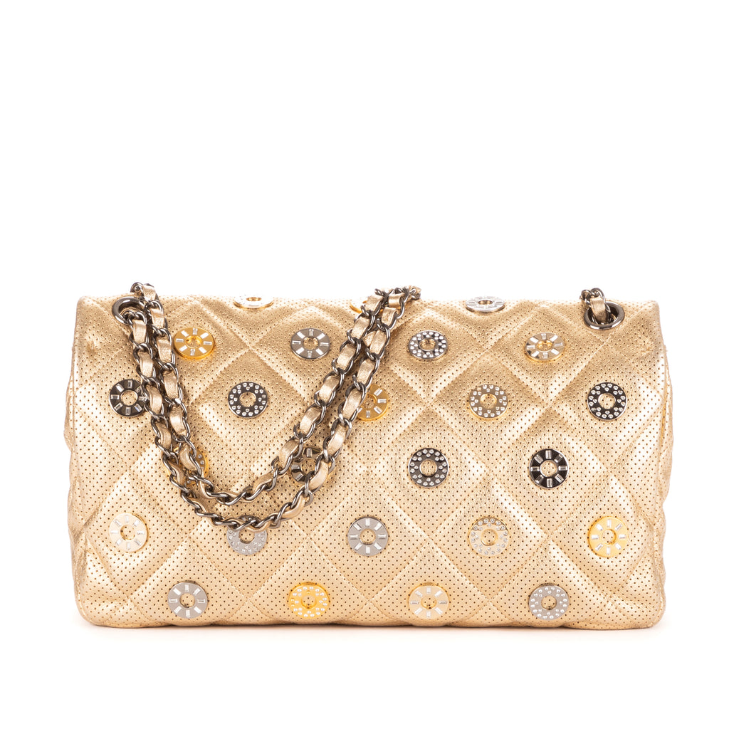 Shoulder Bag Ltd. Ed Paris-Dubai Medals Single flap Gold Quilted Embellished Perforated Leather