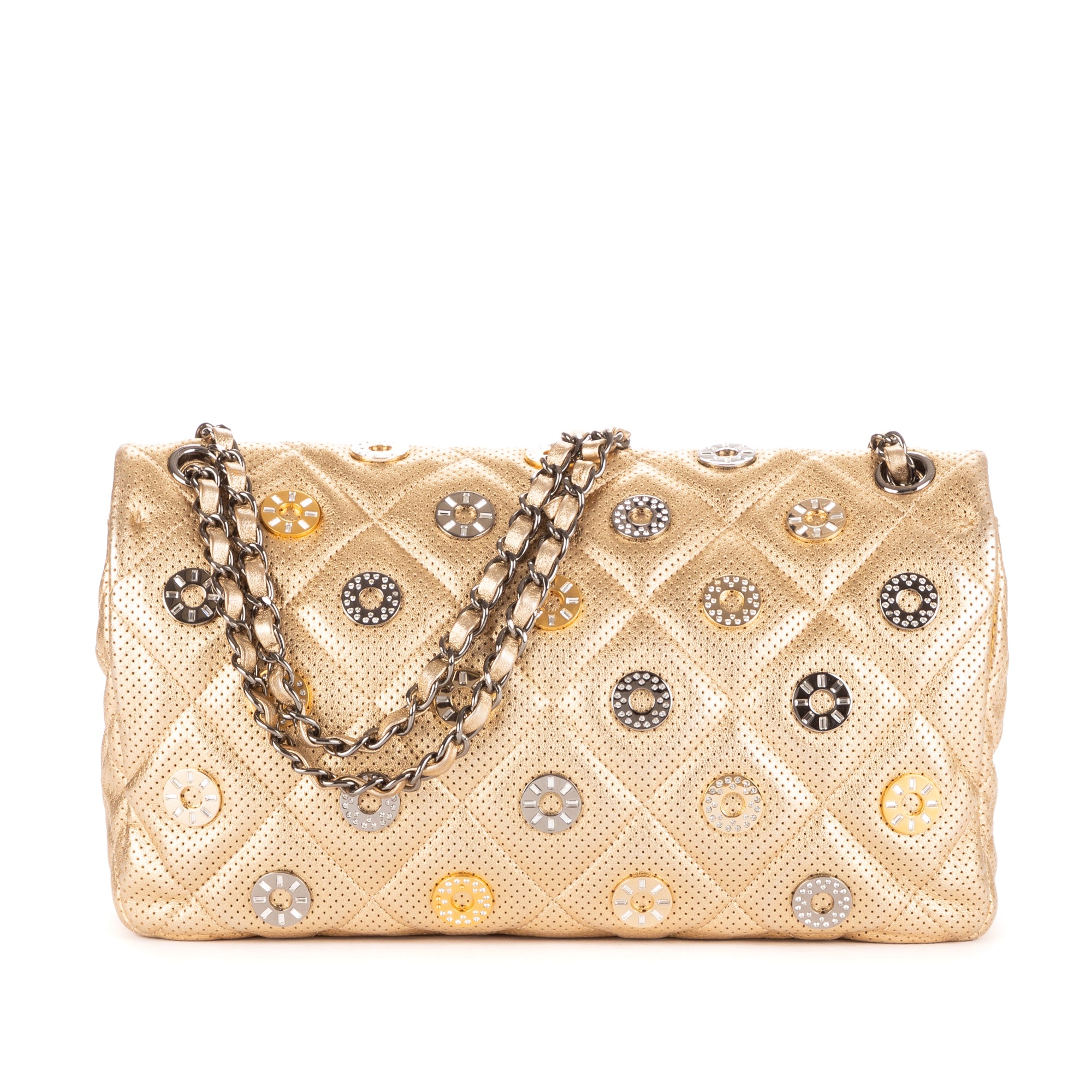 Shoulder Bag Ltd. Ed Paris-Dubai Medals Single flap Gold Quilted Embellished Perforated Leather