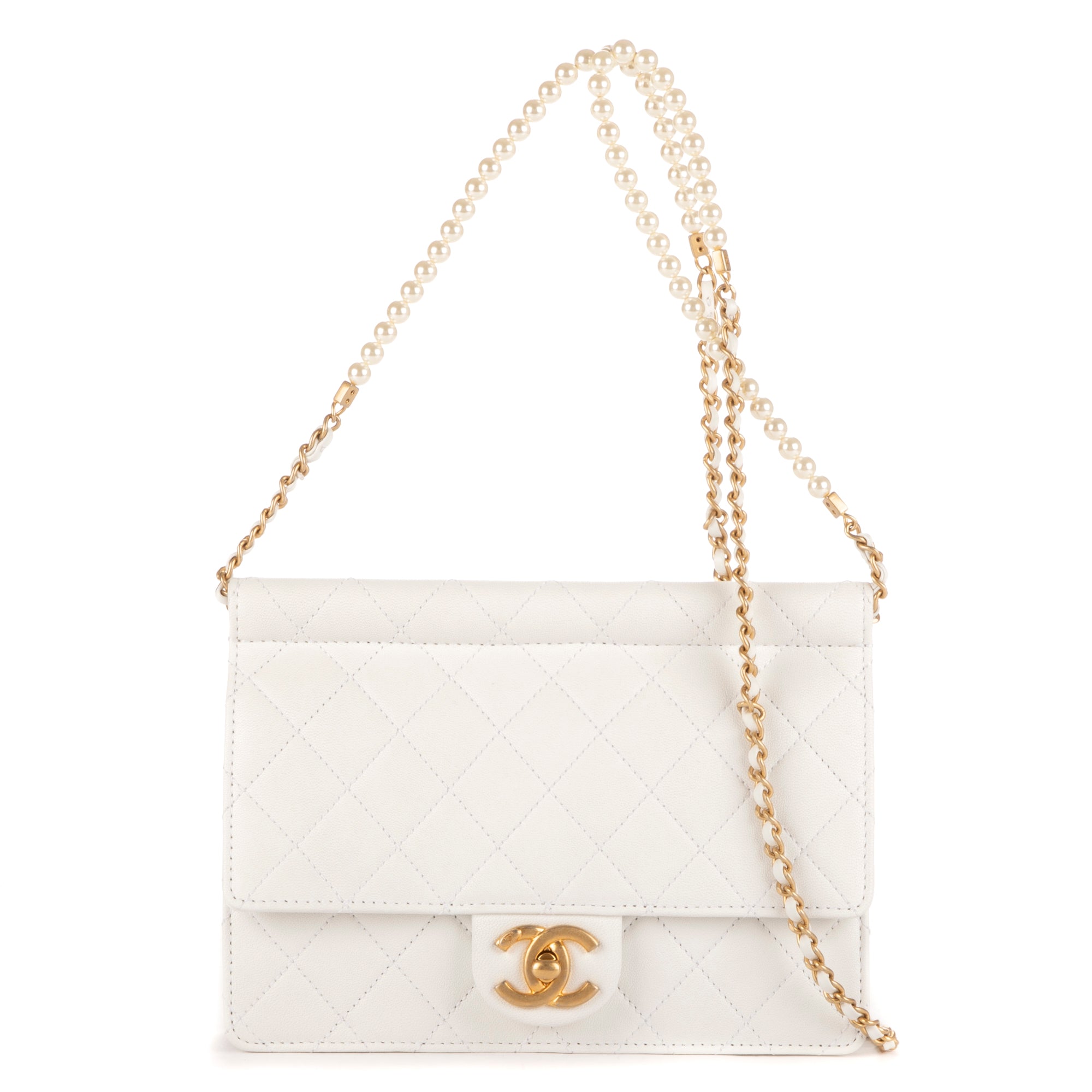 Shoulder Bag Vintage Pearl Wallet on Chain White Calfskin Quilted Leather