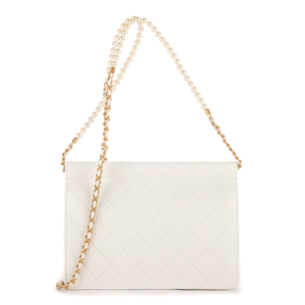 Shoulder Bag Vintage Pearl Wallet on Chain White Calfskin Quilted Leather