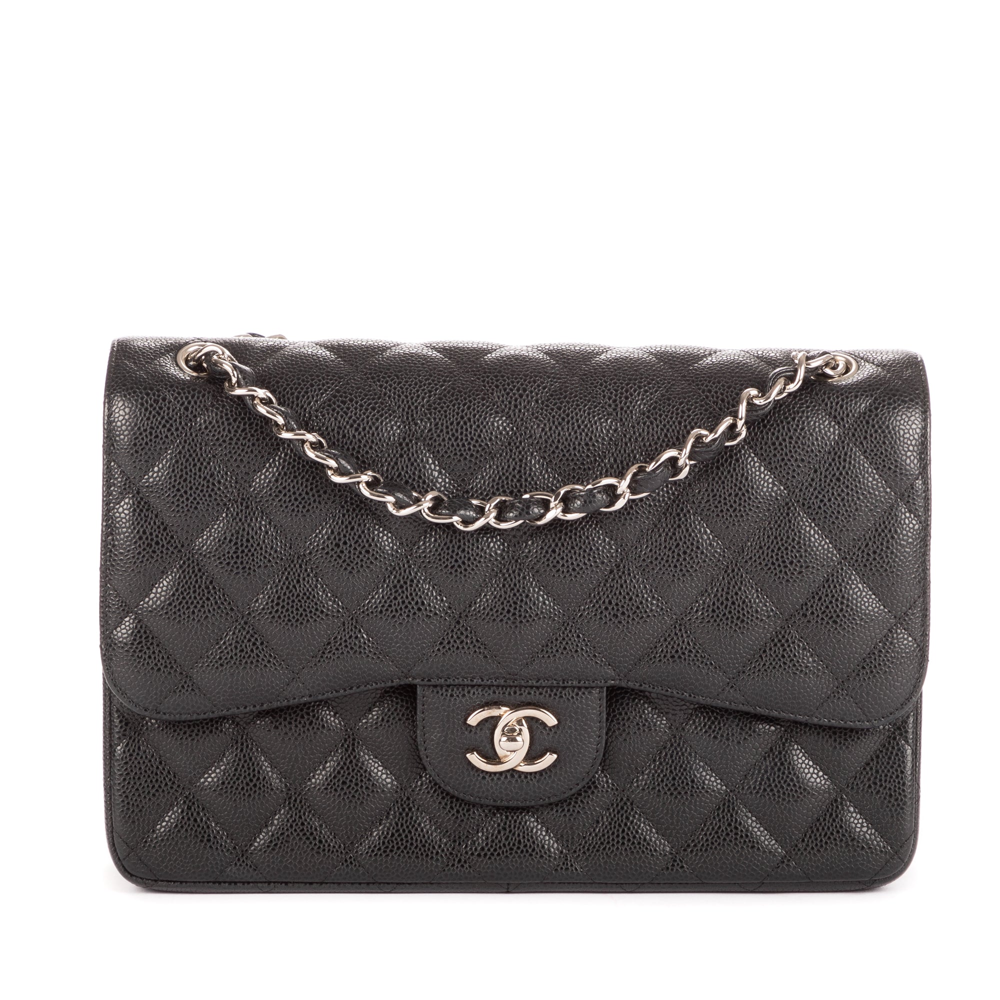 Bolso de hombro clásico con doble solapa, Jumbo, de piel acolchada de caviar negra