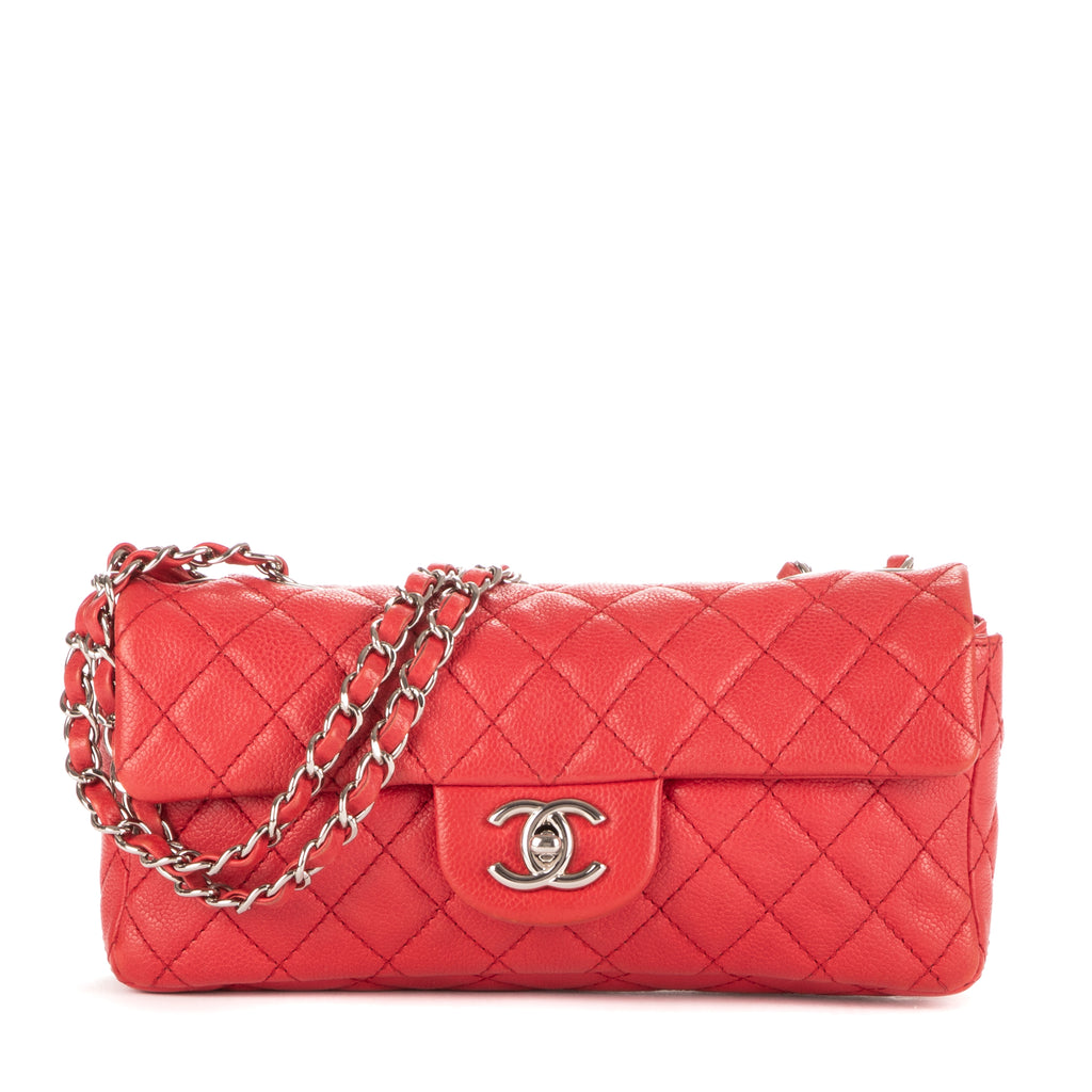 Bolso de Hombro East-West Solapa Única Piel Acolchada Caviar Roja