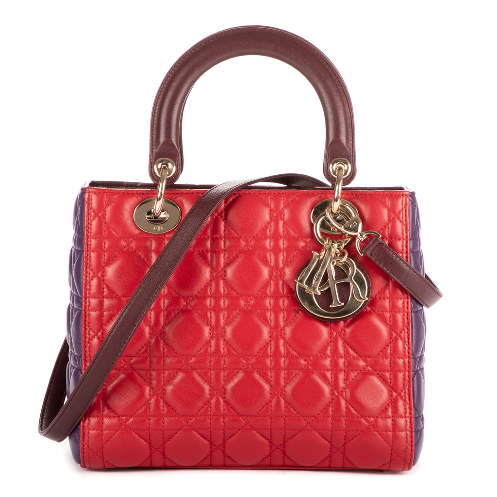 Bolso de mano mediano Lady Dior con cremallera PM, piel de becerro roja con motivo Cannage