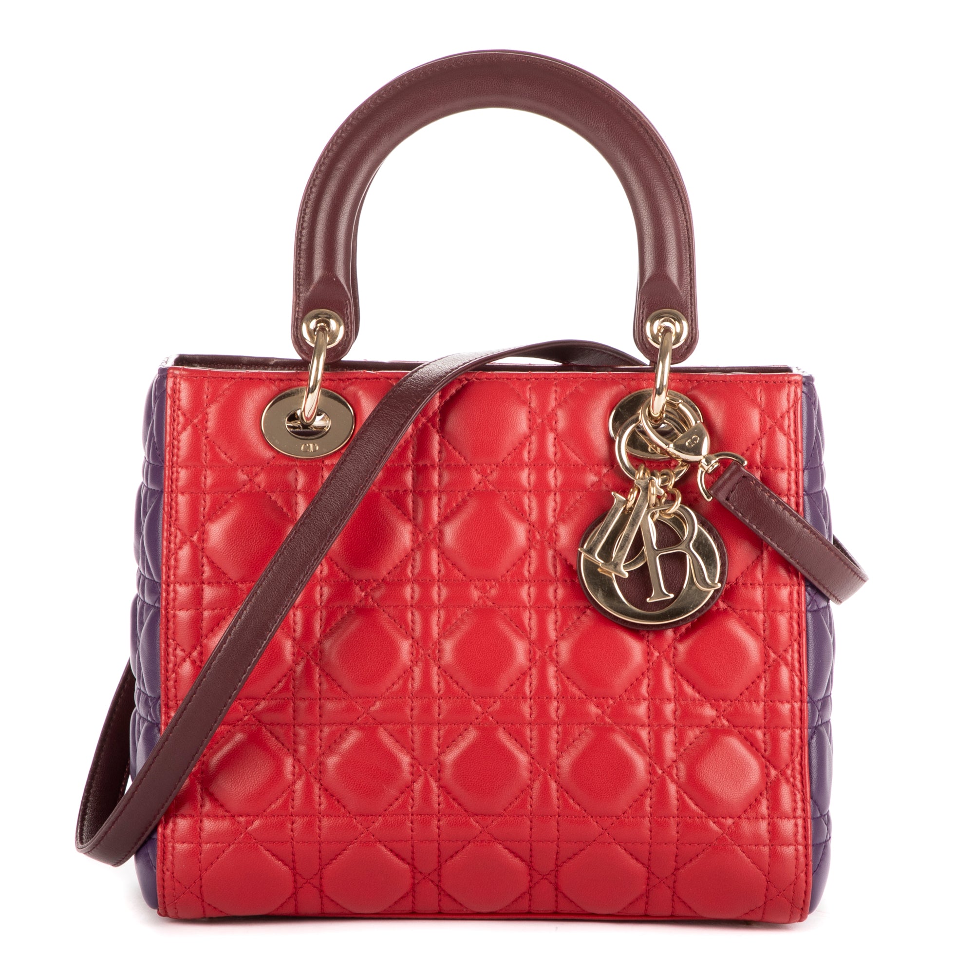 Bolso de mano mediano Lady Dior con cremallera PM, piel de becerro roja con motivo Cannage
