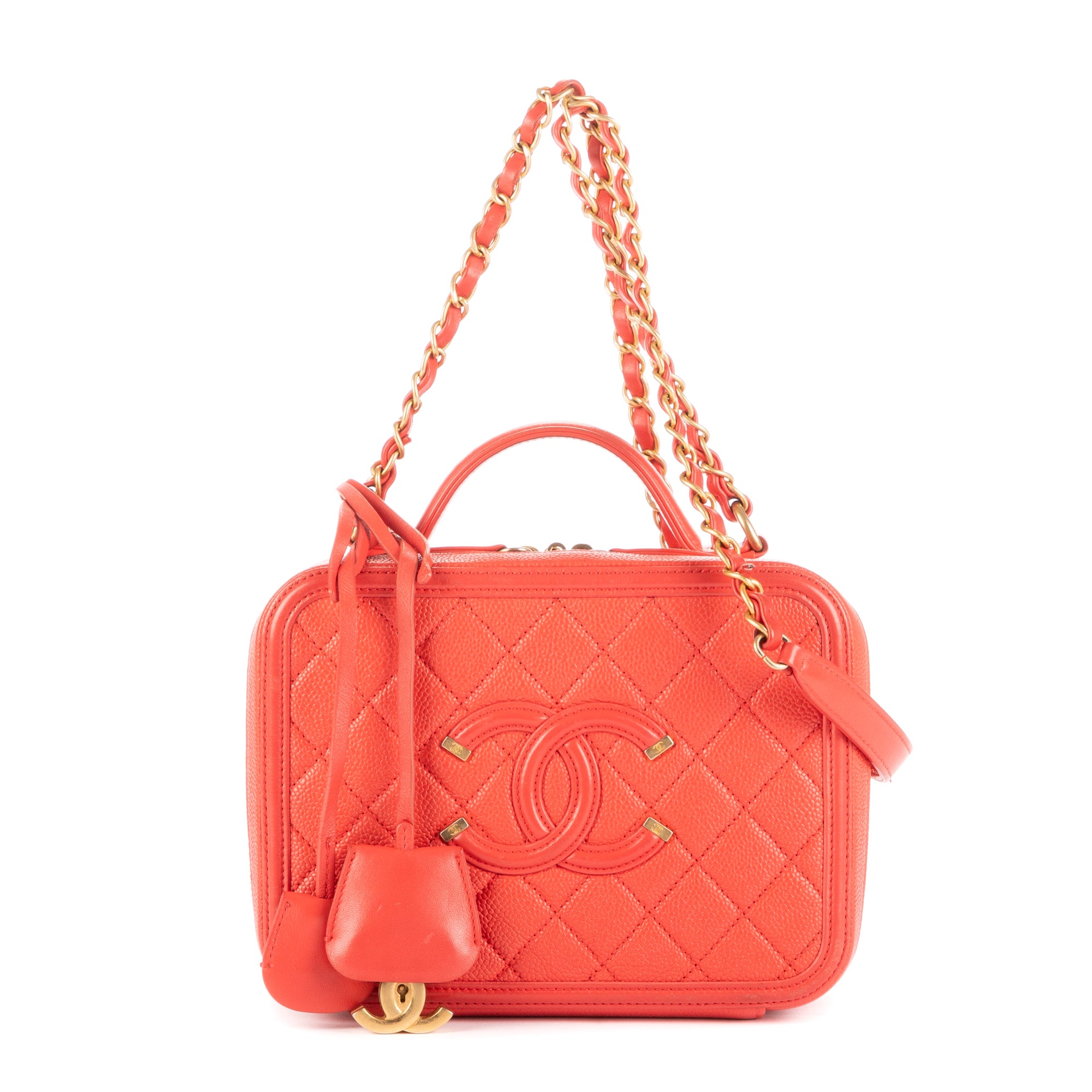 Shoulder Bag Square Top Handle Filigree Vanity Orange Caviar Leather