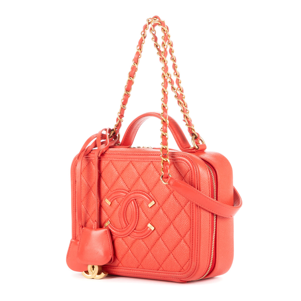 Shoulder Bag Square Top Handle Filigree Vanity Orange Caviar Leather