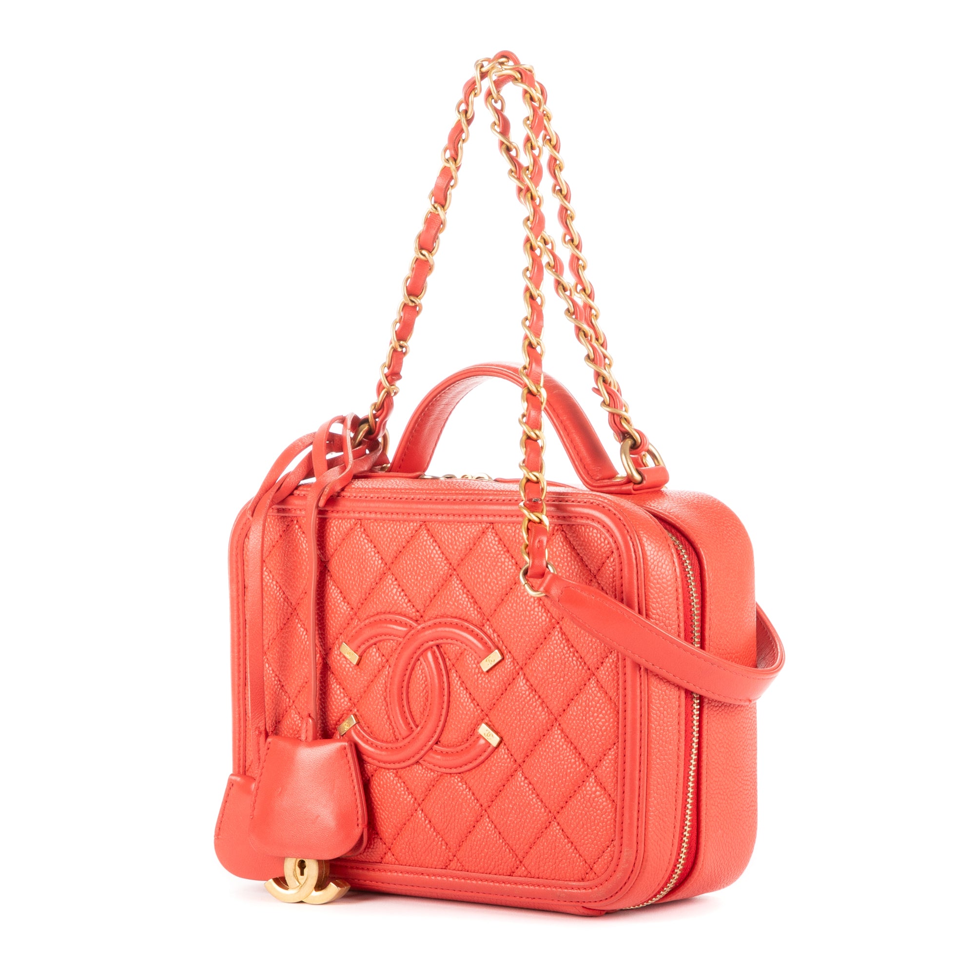 Shoulder Bag Square Top Handle Filigree Vanity Orange Caviar Leather