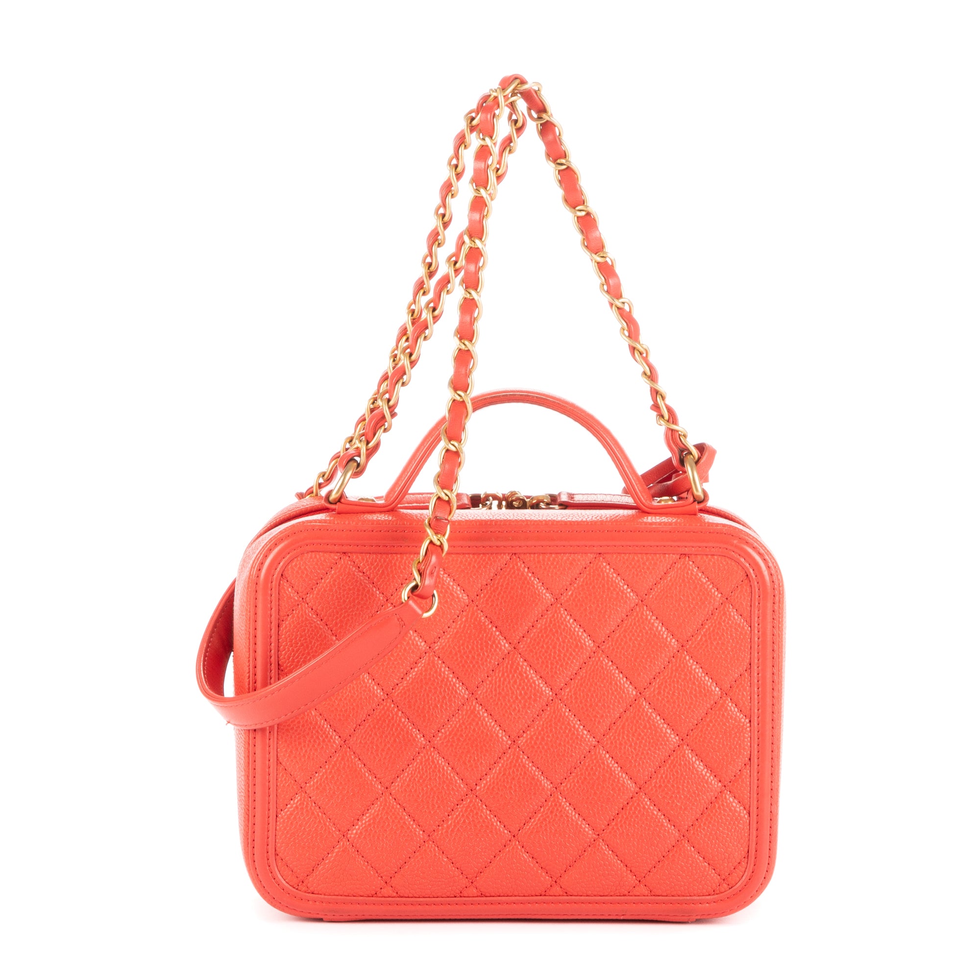 Shoulder Bag Square Top Handle Filigree Vanity Orange Caviar Leather