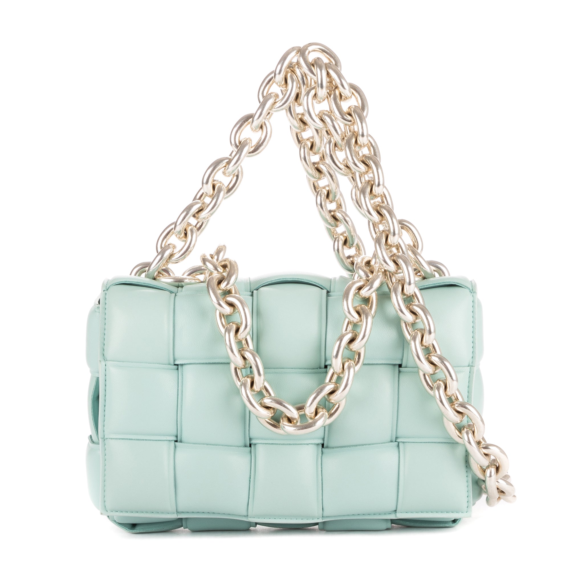 Shoulder Bag Chain Cassette Blue Padded Intrecciato Leather