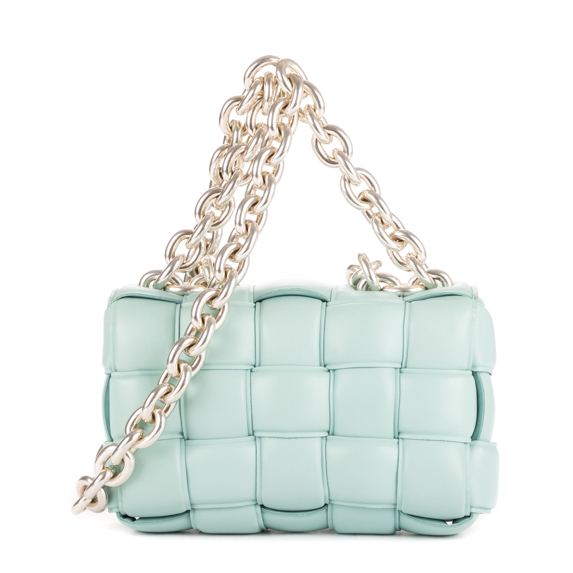 Shoulder Bag Chain Cassette Blue Padded Intrecciato Leather