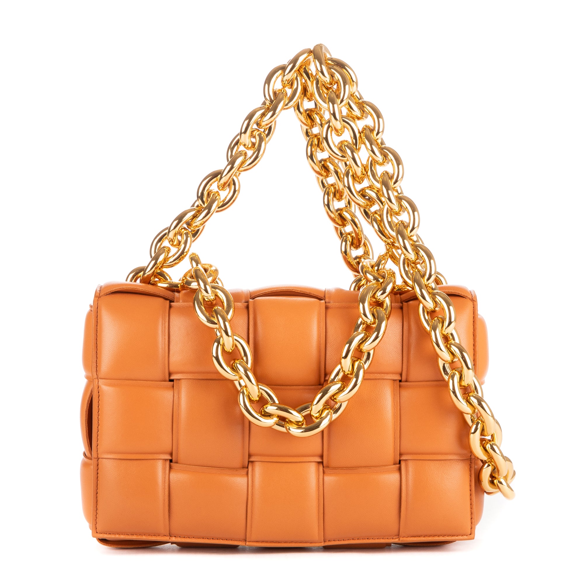Shoulder Bag Chain Cassette Tan Padded Intrecciato Leather