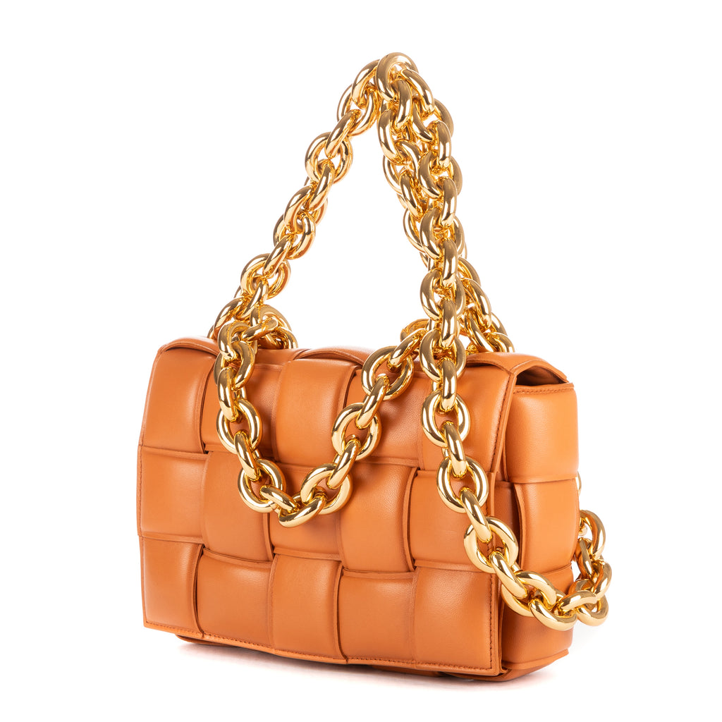 Shoulder Bag Chain Cassette Tan Padded Intrecciato Leather
