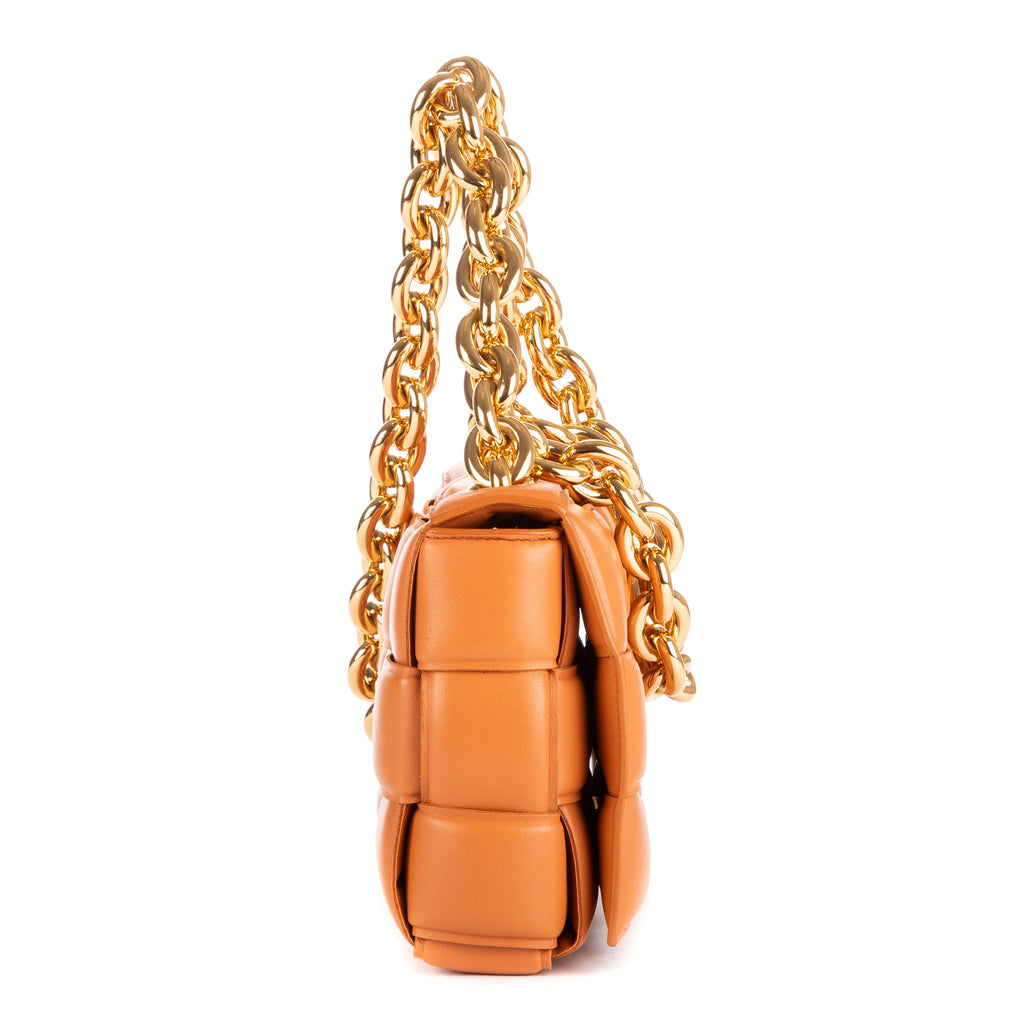 Shoulder Bag Chain Cassette Tan Padded Intrecciato Leather