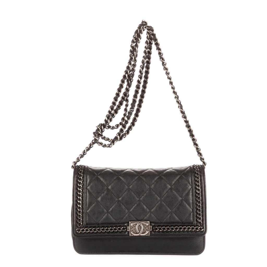 Bolso de hombro Cadena alrededor Monedero Boy con cadena Piel de becerro acolchada negra