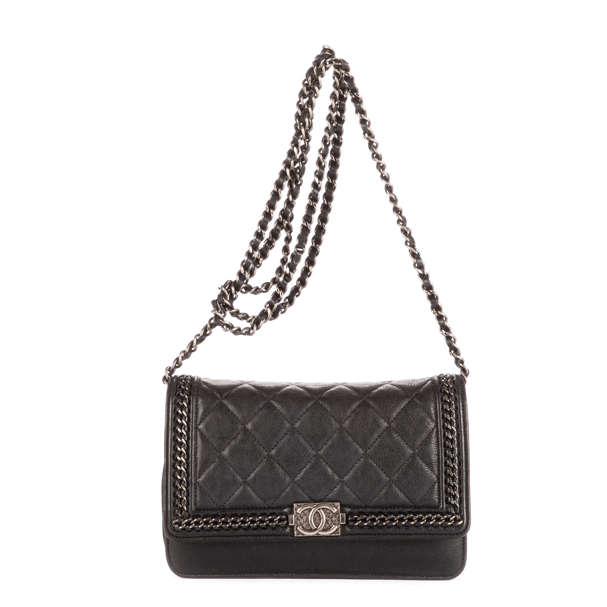 Bolso de hombro Cadena alrededor Monedero Boy con cadena Piel de becerro acolchada negra