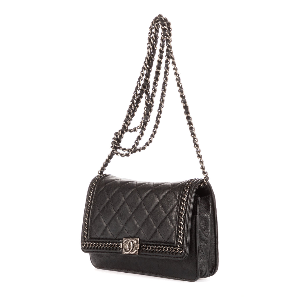 Bolso de hombro Cadena alrededor Monedero Boy con cadena Piel de becerro acolchada negra