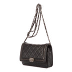Bolso de hombro Cadena alrededor Monedero Boy con cadena Piel de becerro acolchada negra