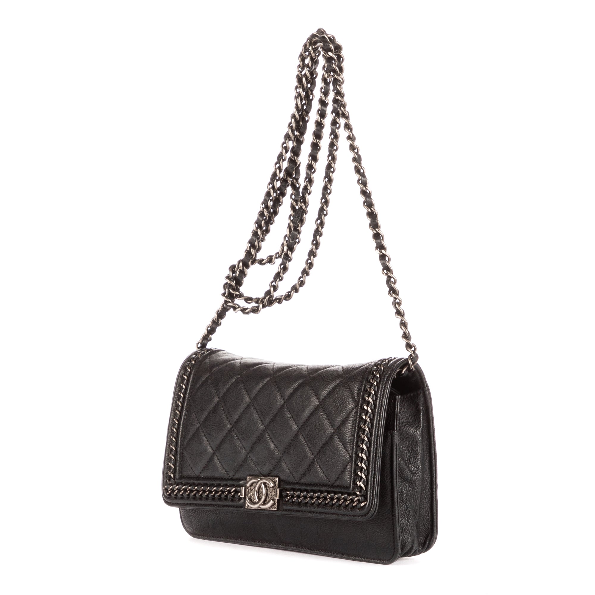 Bolso de hombro Cadena alrededor Monedero Boy con cadena Piel de becerro acolchada negra