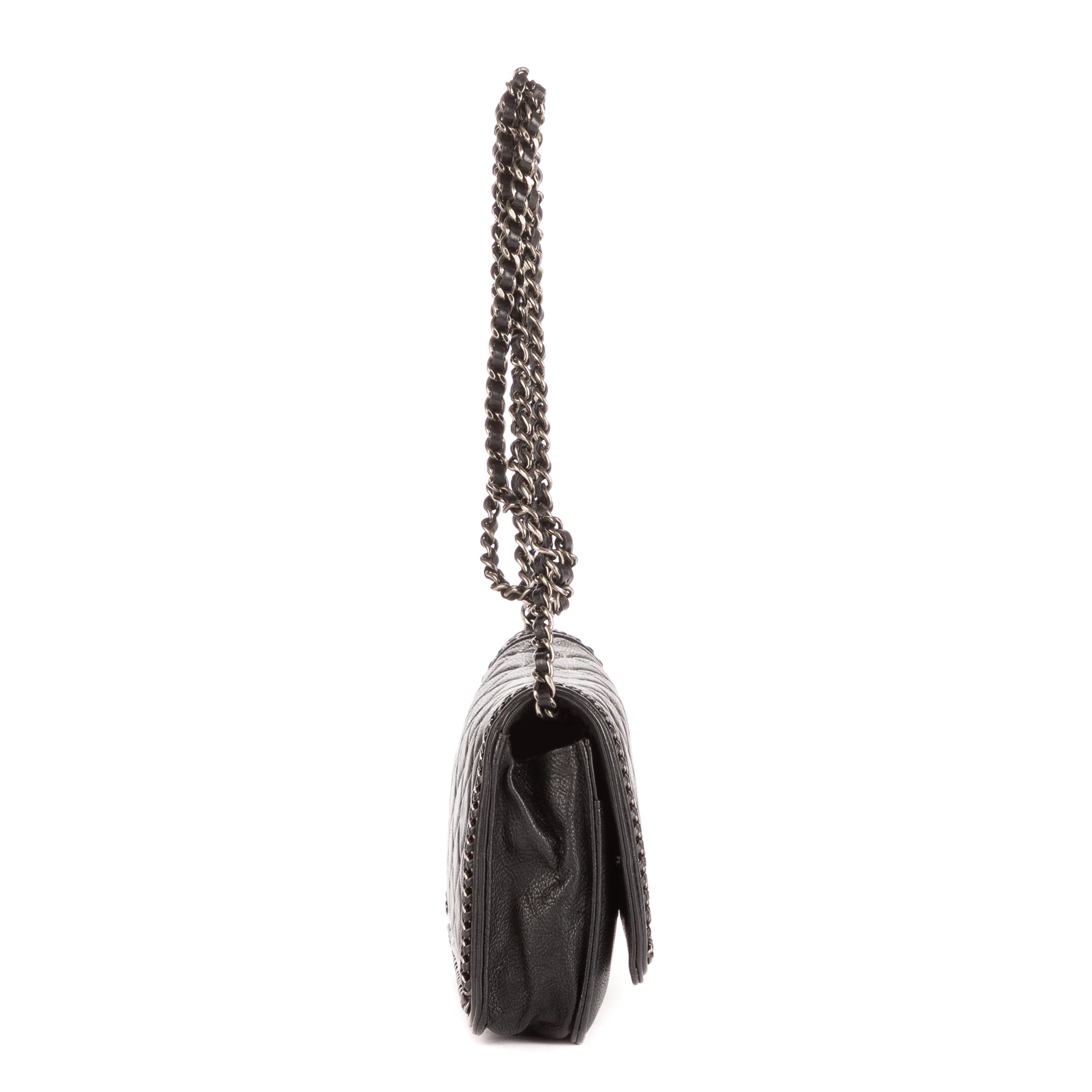 Bolso de hombro Cadena alrededor Monedero Boy con cadena Piel de becerro acolchada negra