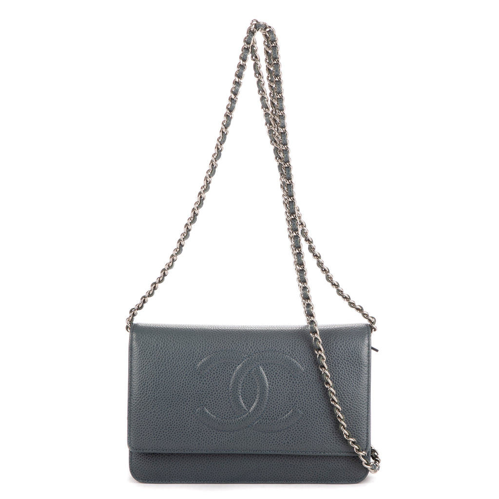 Bolso de Hombro Clásico Atemporal Cartera con Cadena Logotipo Azul Piel Caviar