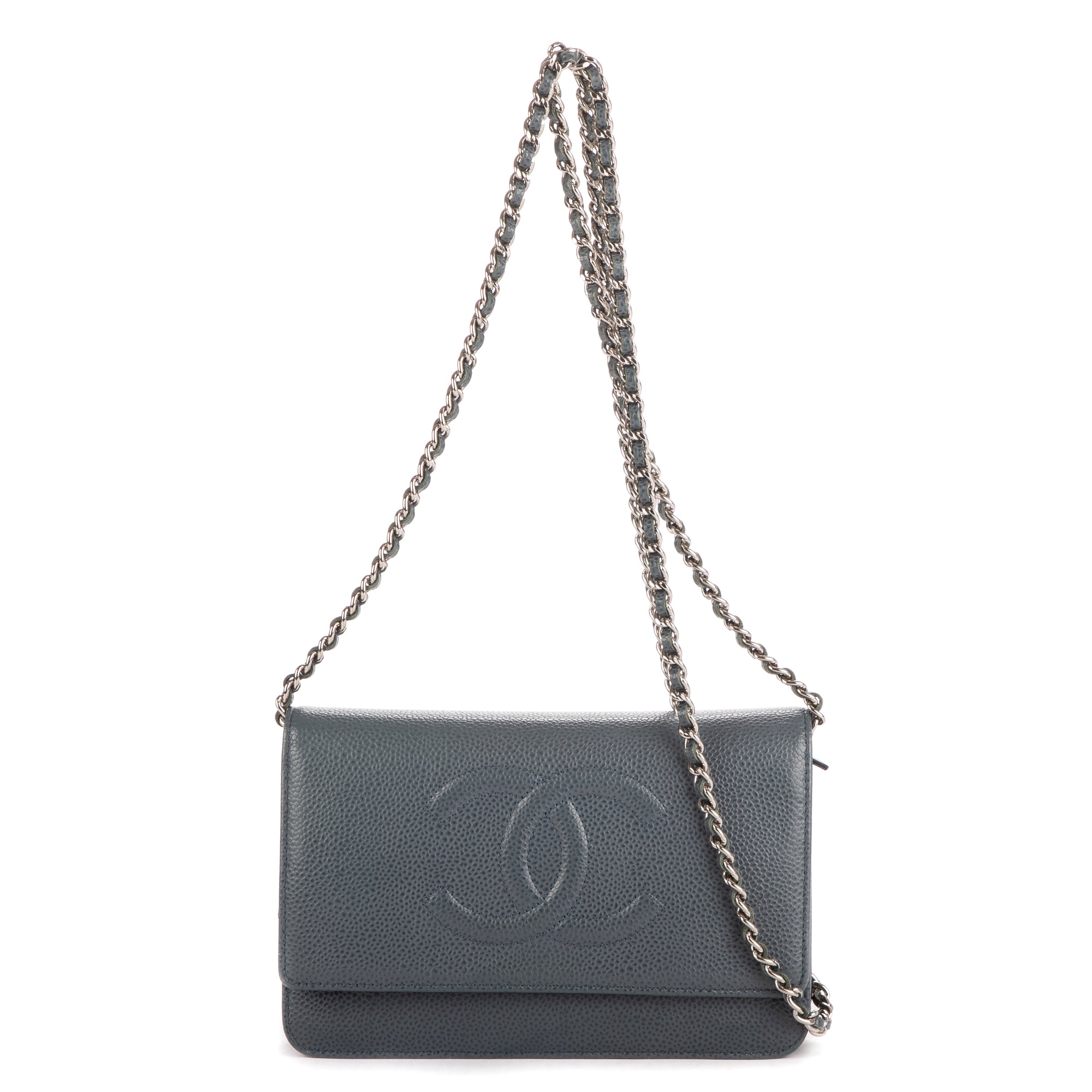 Bolso de Hombro Clásico Atemporal Cartera con Cadena Logotipo Azul Piel Caviar