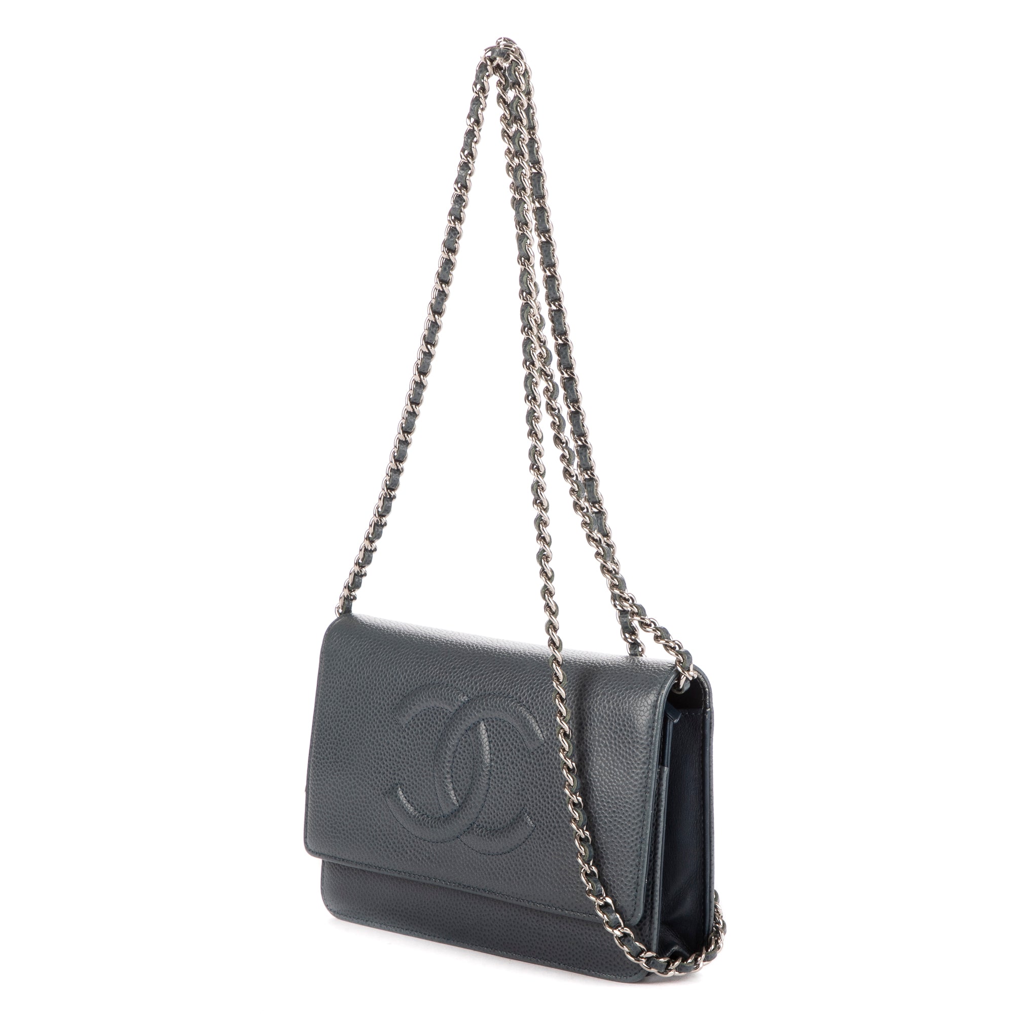 Bolso de Hombro Clásico Atemporal Cartera con Cadena Logotipo Azul Piel Caviar