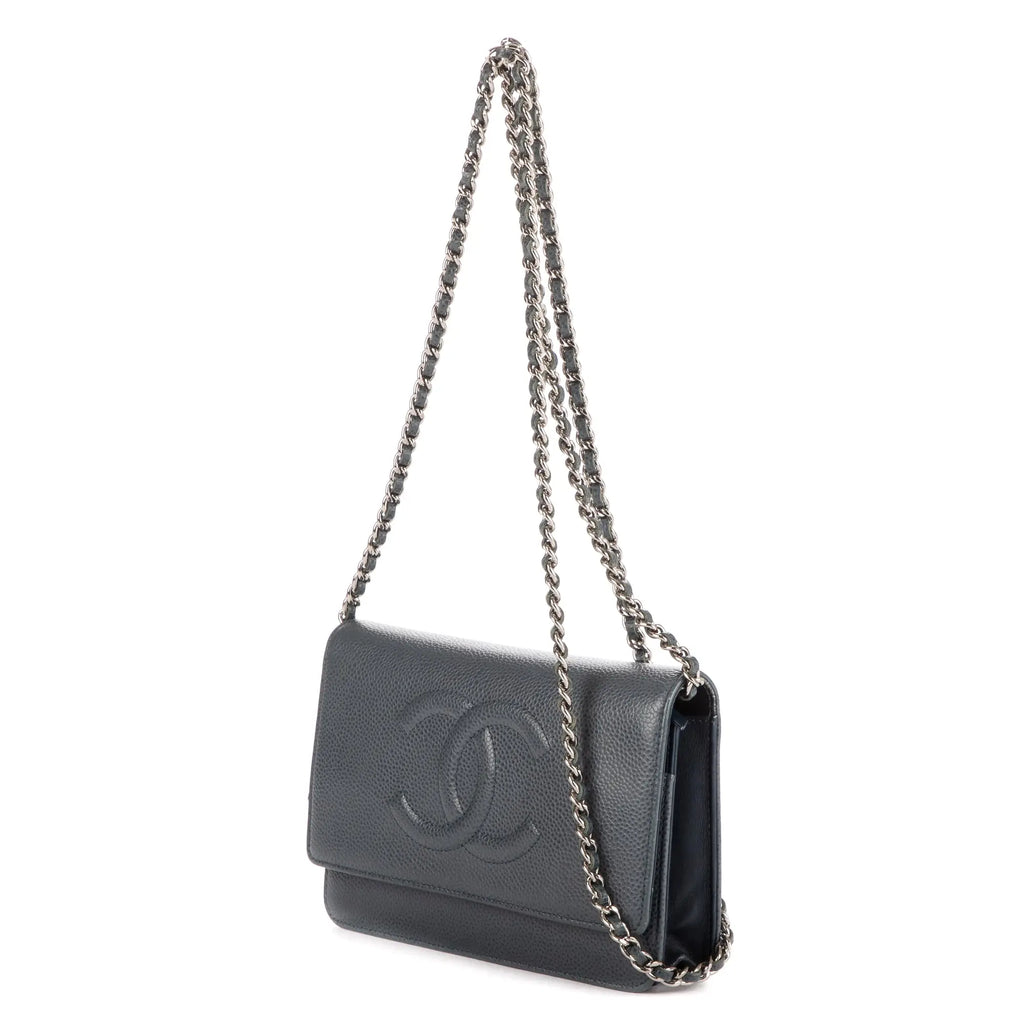 Bolso de Hombro Clásico Atemporal Cartera con Cadena Logotipo Azul Piel Caviar