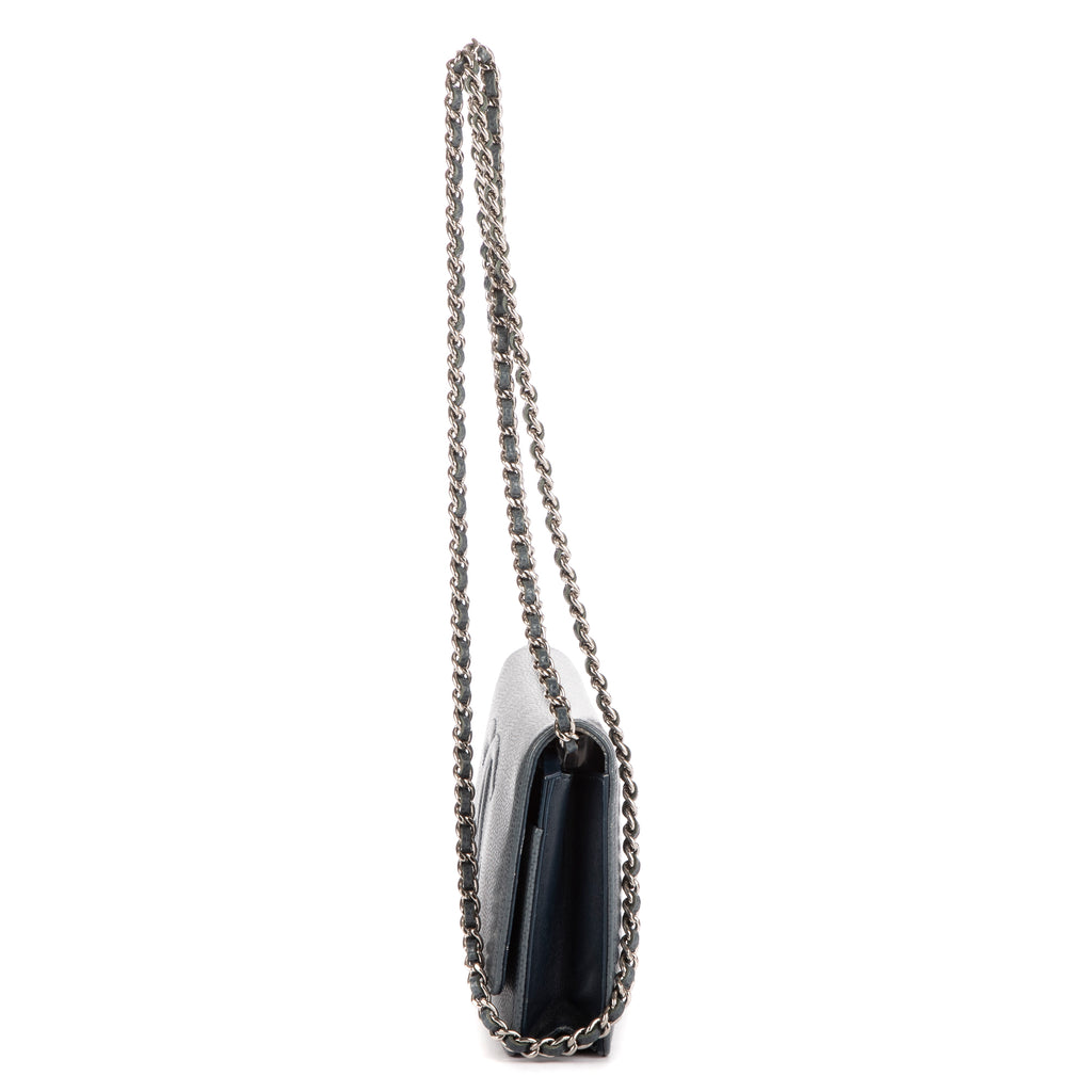 Bolso de Hombro Clásico Atemporal Cartera con Cadena Logotipo Azul Piel Caviar