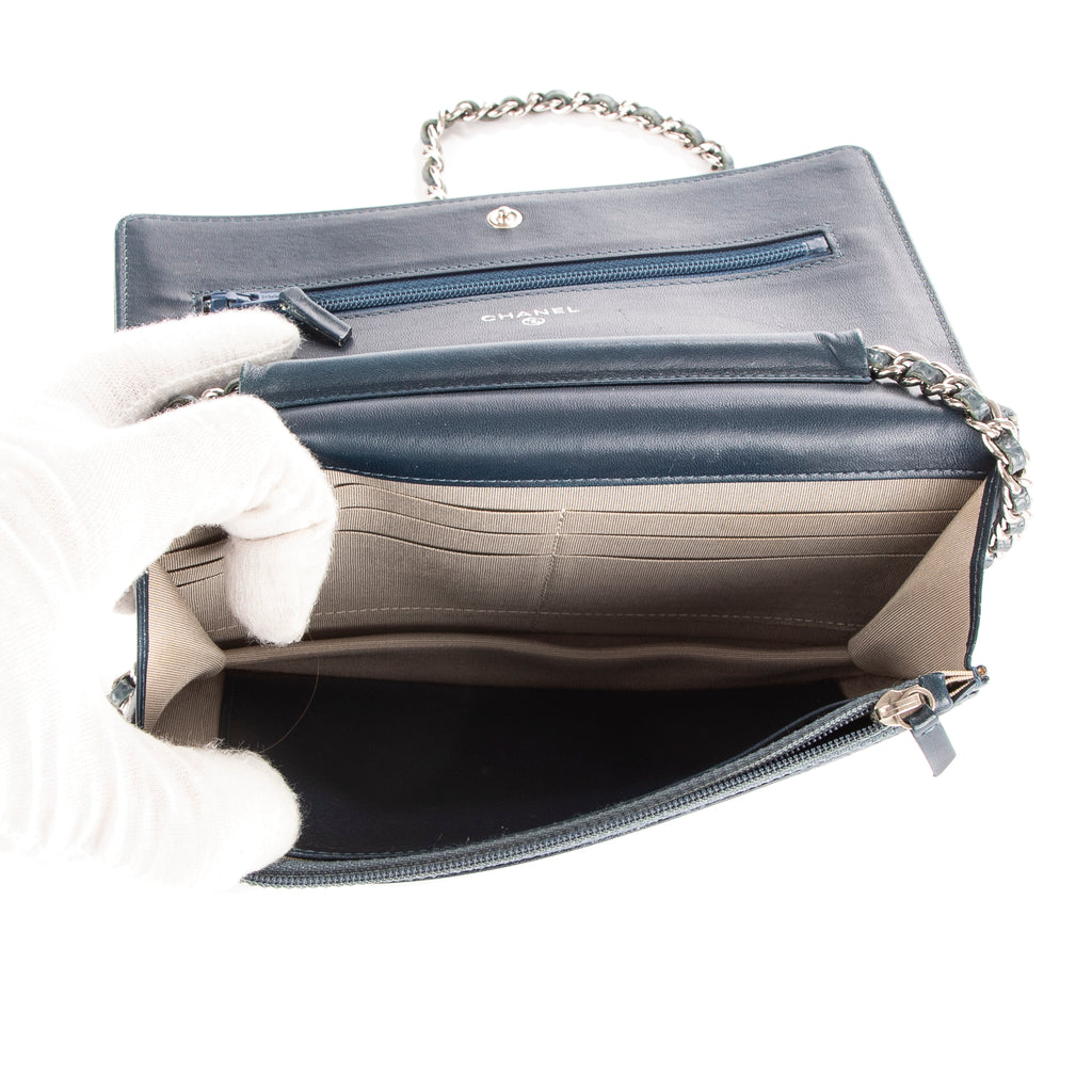 Bolso de Hombro Clásico Atemporal Cartera con Cadena Logotipo Azul Piel Caviar