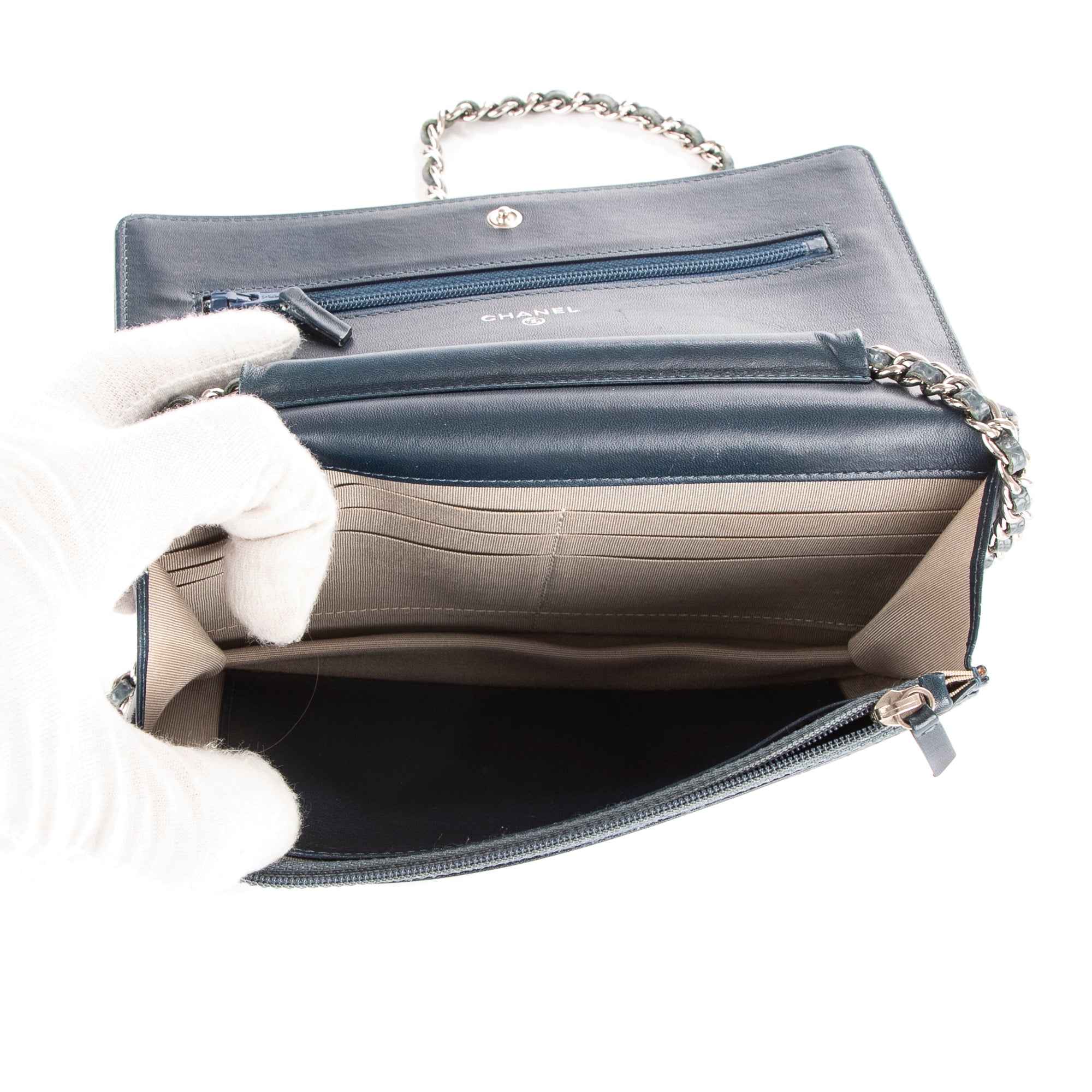 Bolso de Hombro Clásico Atemporal Cartera con Cadena Logotipo Azul Piel Caviar