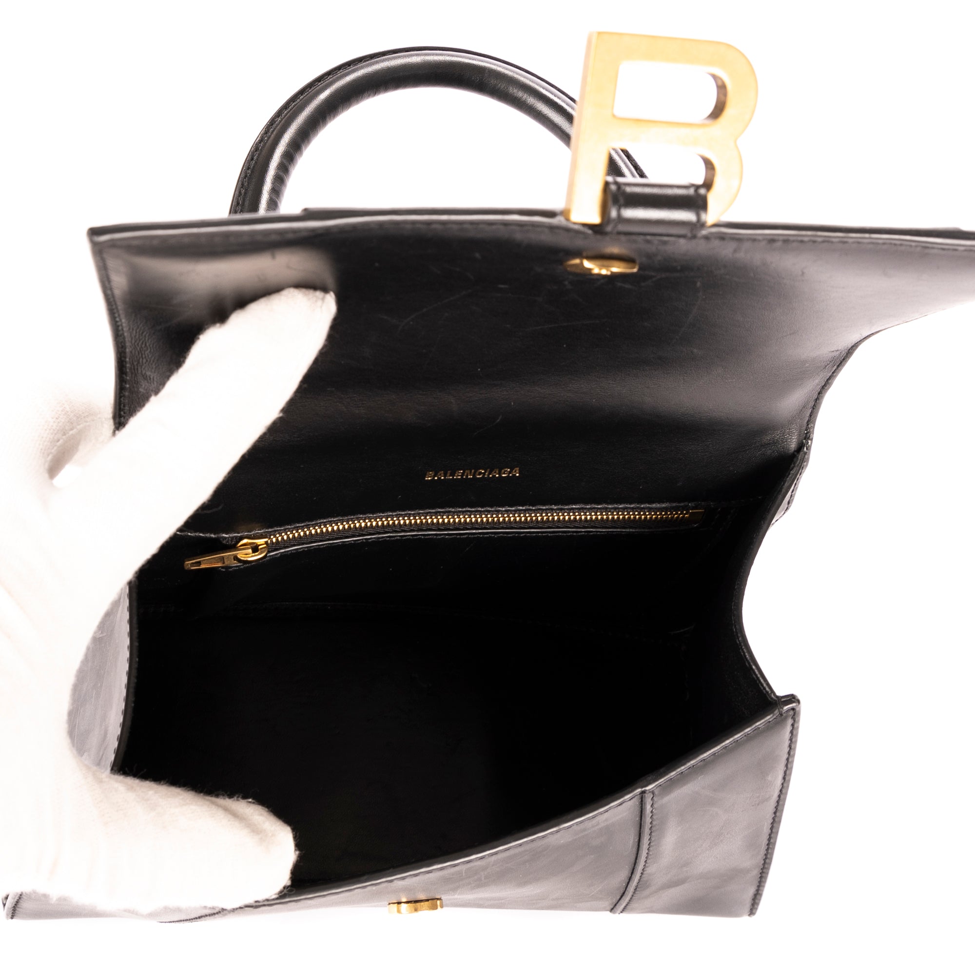 Handbag Small Hourglass Top Handle Black Calfskin Leather