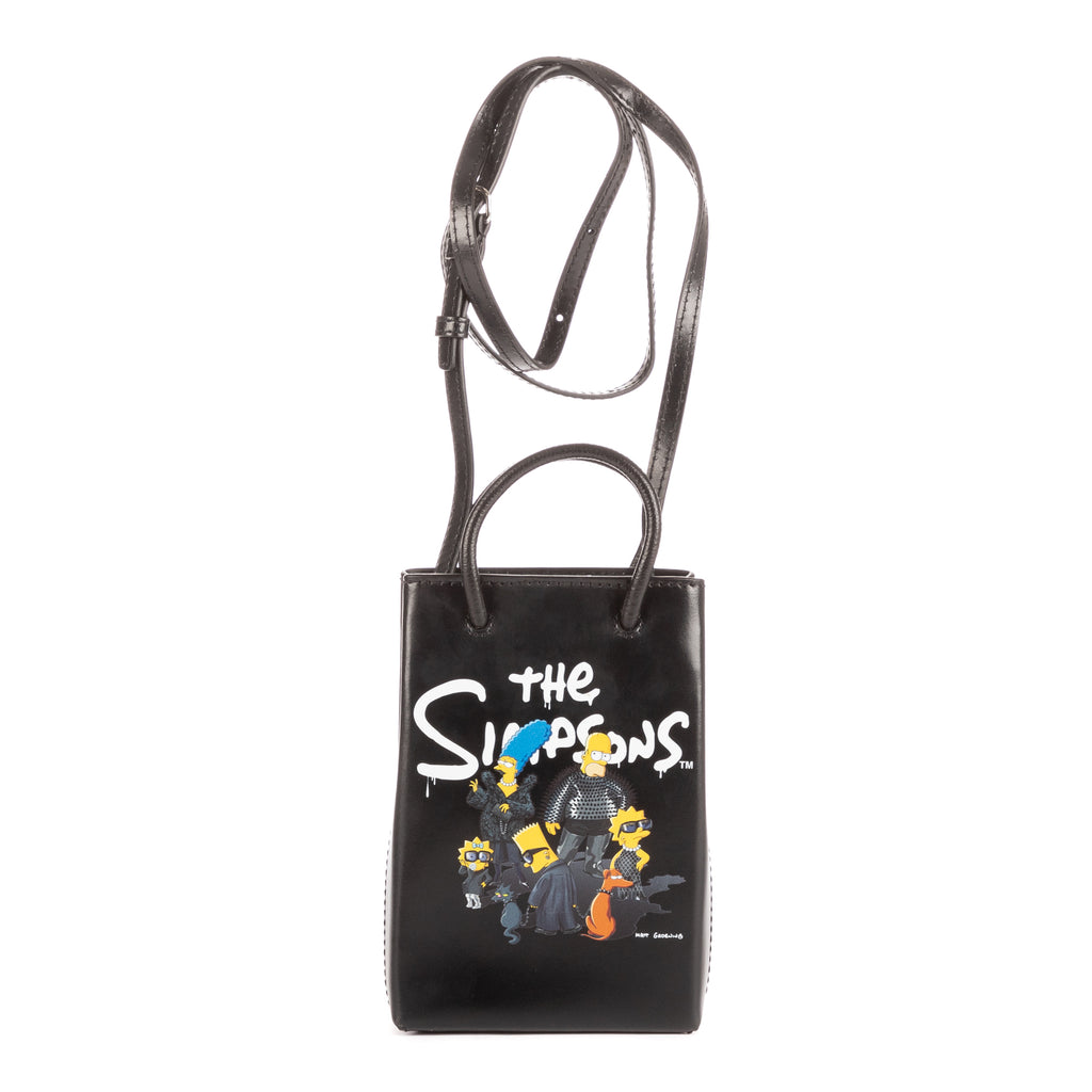 Shoulder Bag Mini Shopping Phone Holder Black Simpsons Collection Printed Calfskin Leather