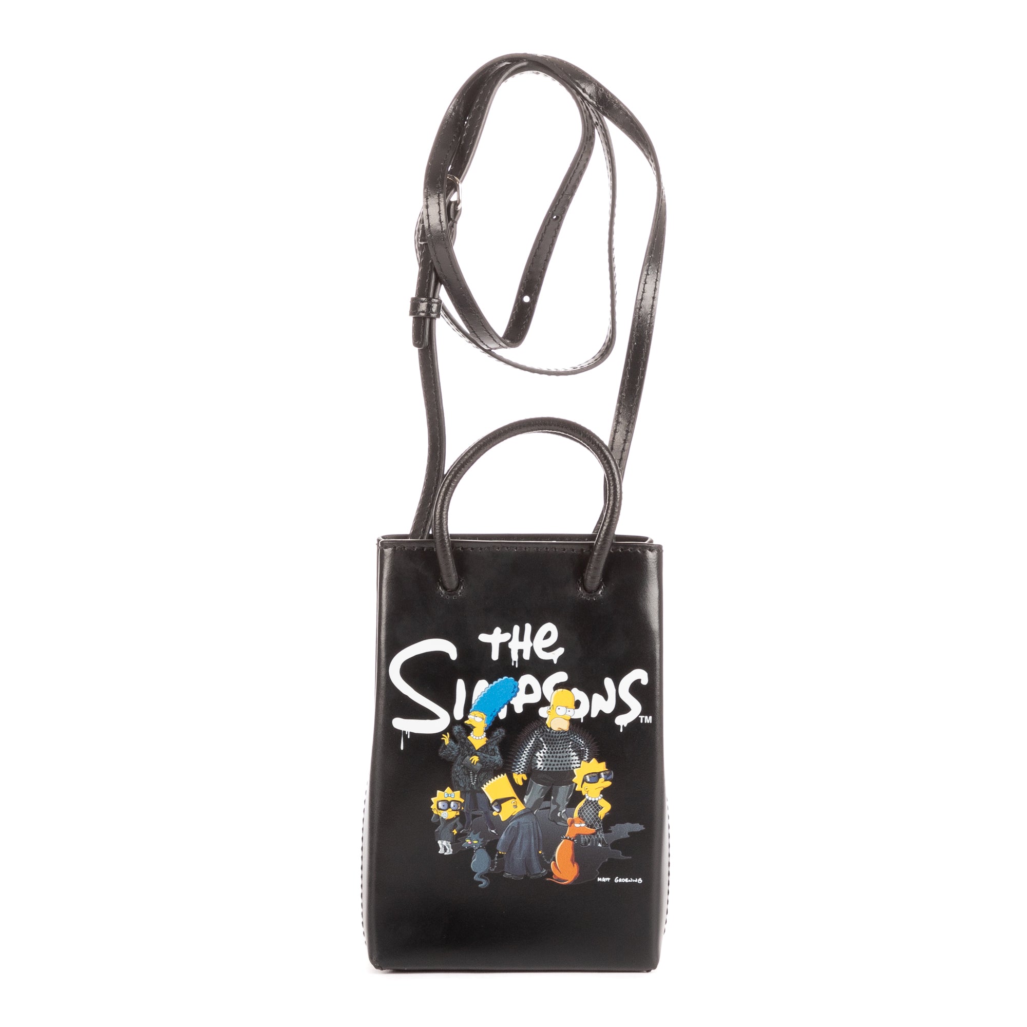 Shoulder Bag Mini Shopping Phone Holder Black Simpsons Collection Printed Calfskin Leather