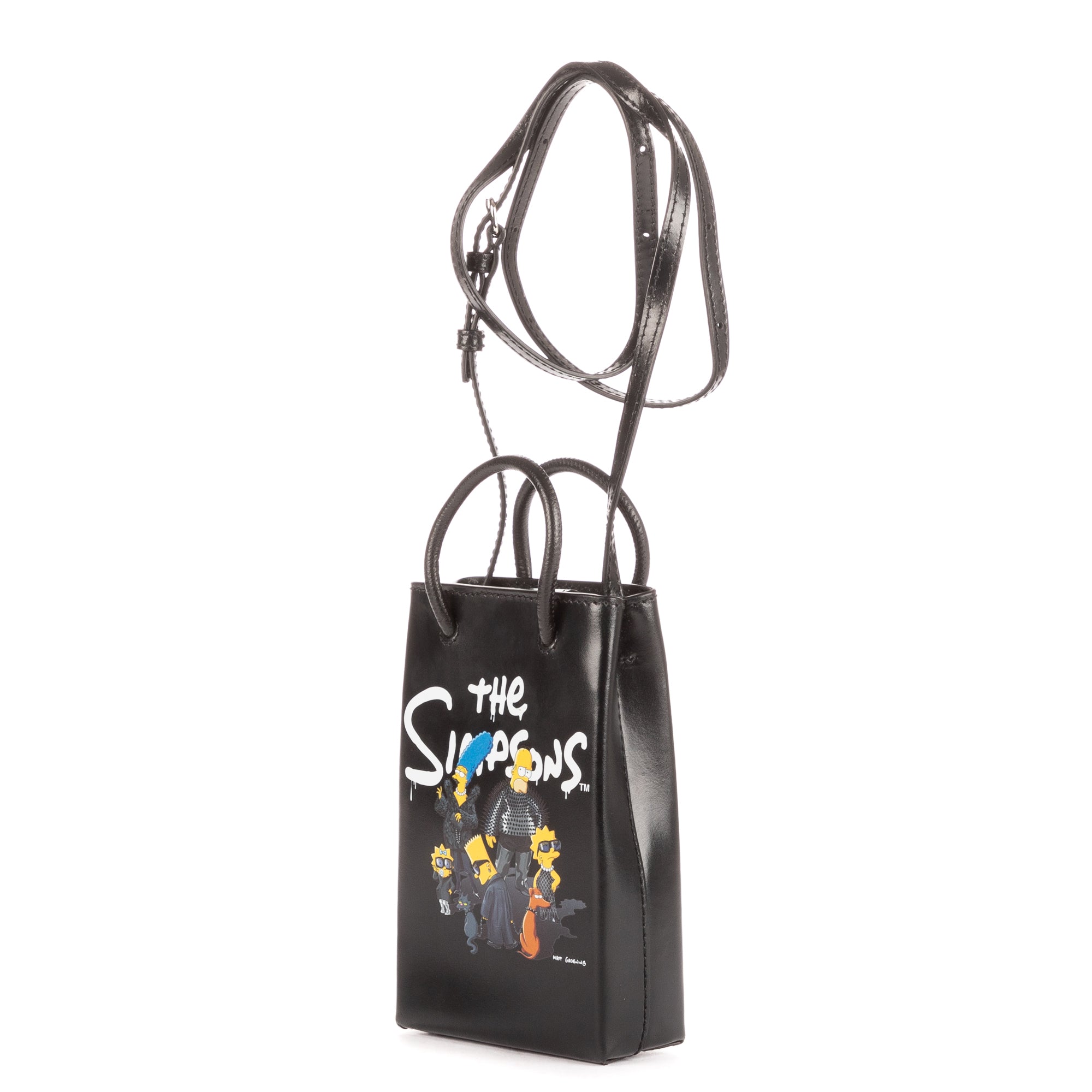 Shoulder Bag Mini Shopping Phone Holder Black Simpsons Collection Printed Calfskin Leather